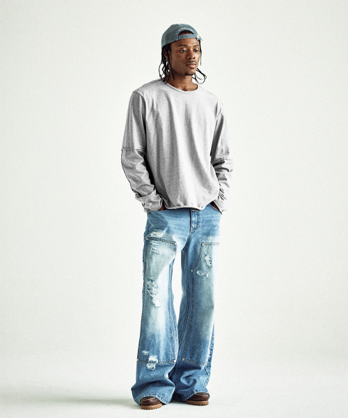 DESTROYED BOOTS CUT DENIM PANTS LIGHT BLUE