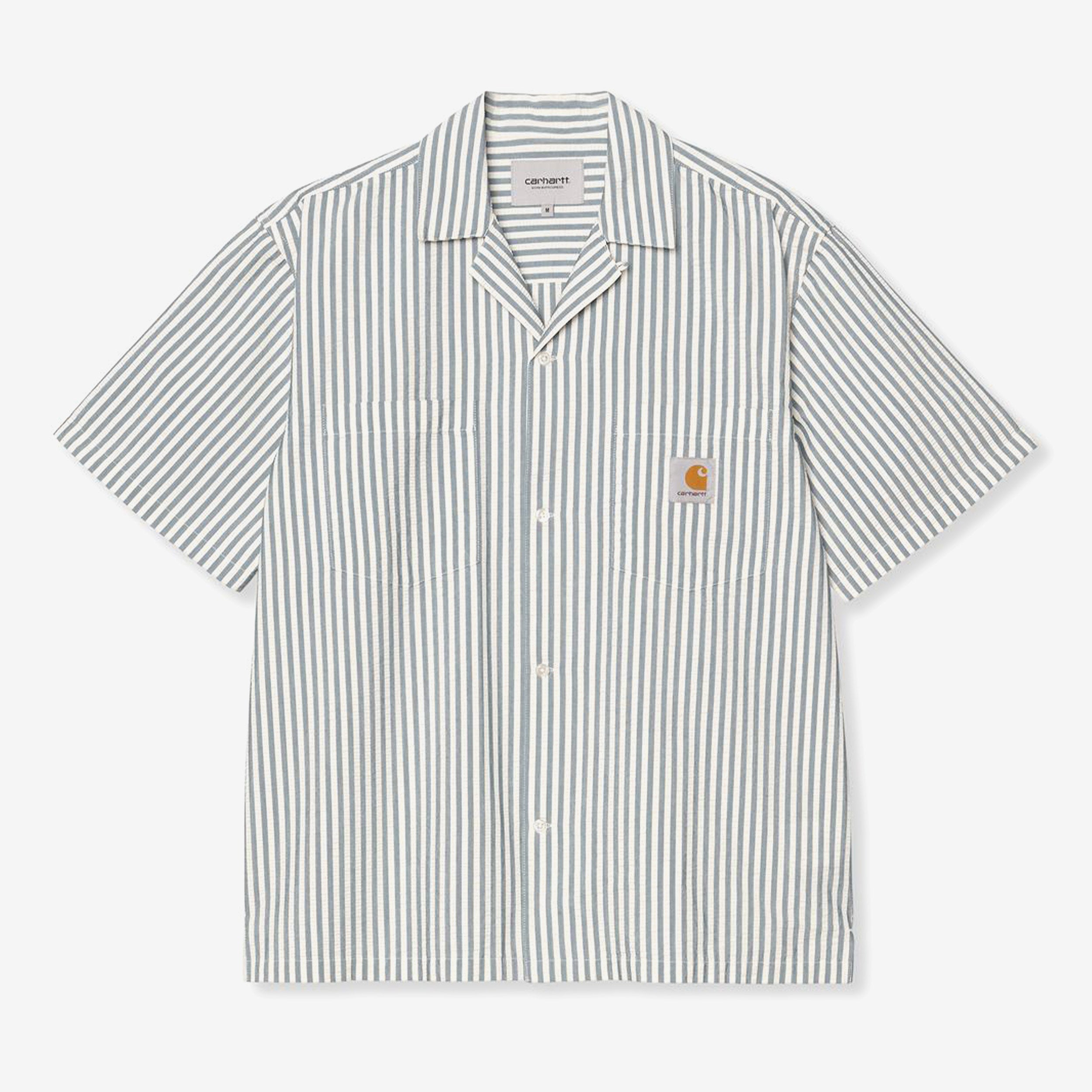 Carhartt WIP Short Sleeve Leavel Shirt - Leavel Stripe, Blue River / Wax - unisex
