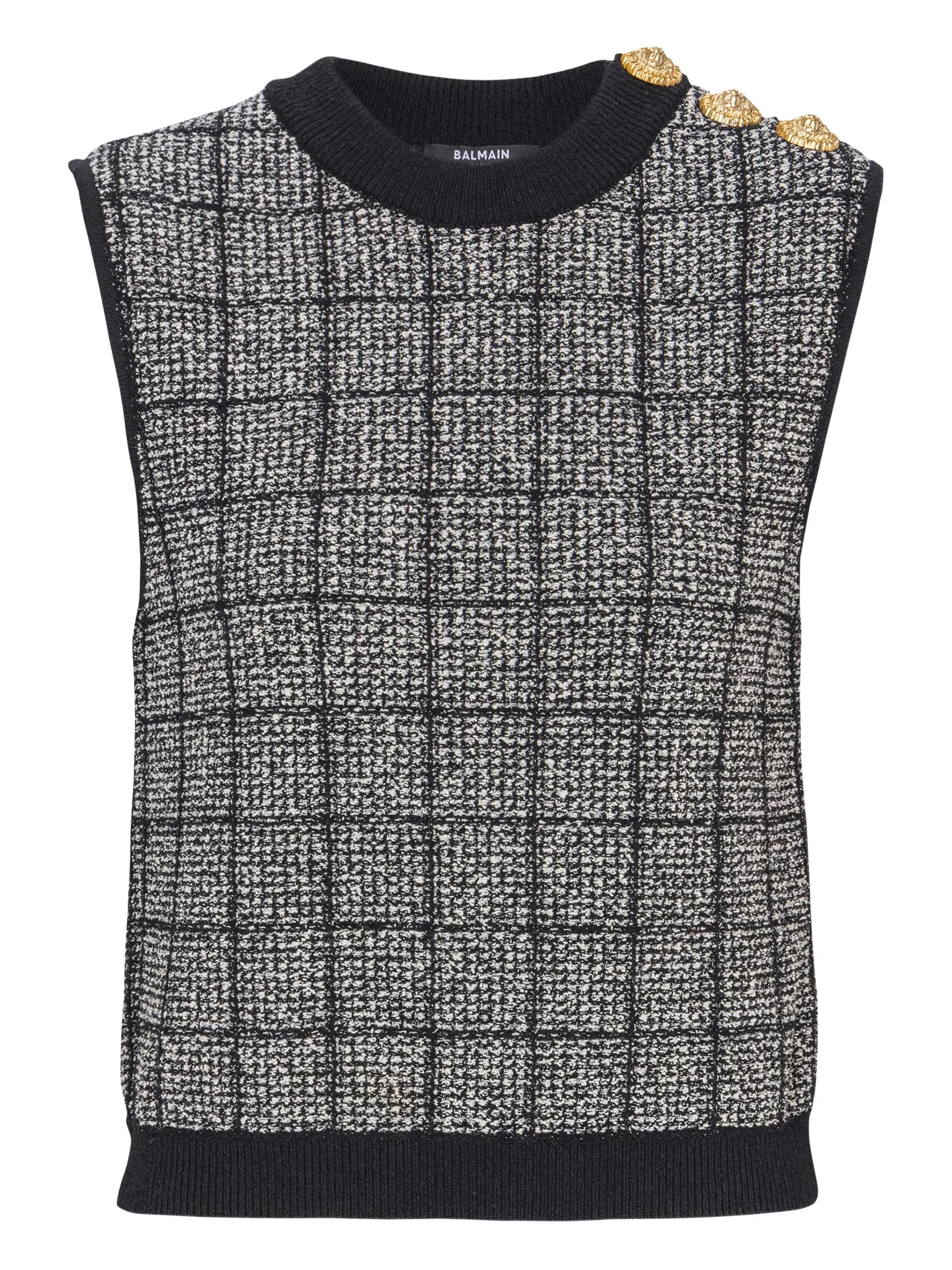 Tweed Knit Round-Neck Pullover with Lion-Head Button Placket