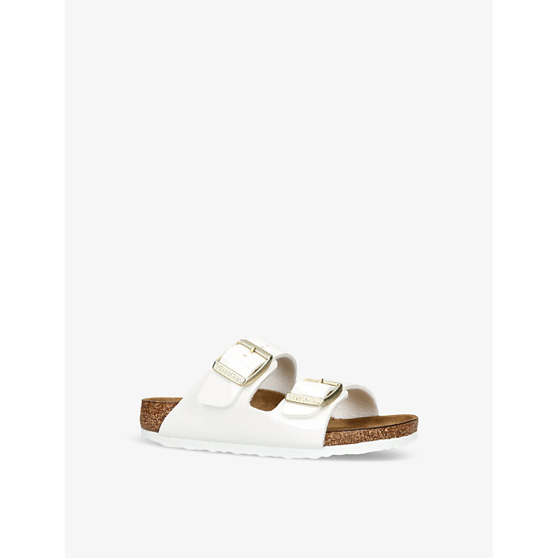 Womens White Arizona Double-strap Patent-leather Flat Sandals