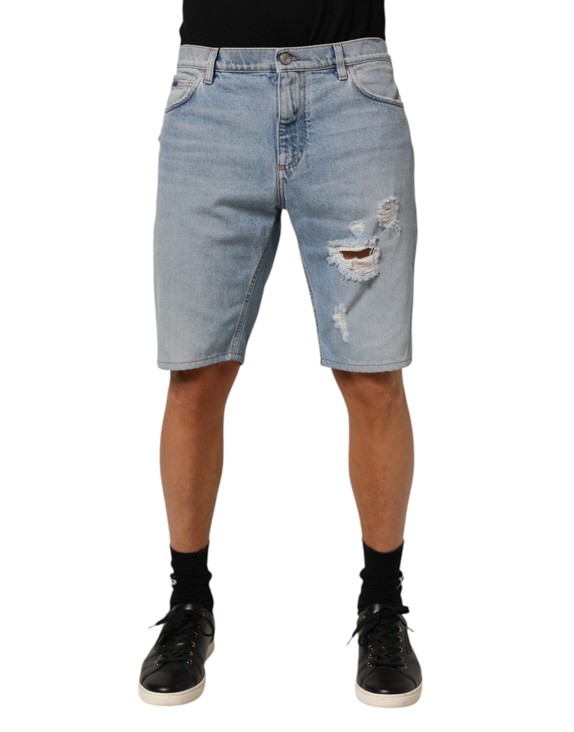 Distressed Denim Bermuda Shorts — Blue