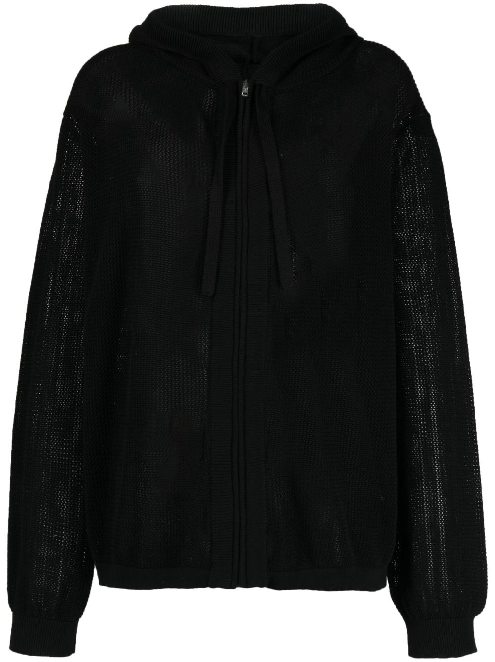 Plain crochet-knit zip-up hoodie - Black
