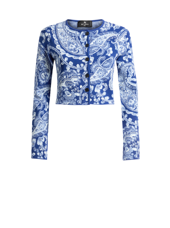 Jacquard Cropped Cardigan With Floral Paisley Motif
