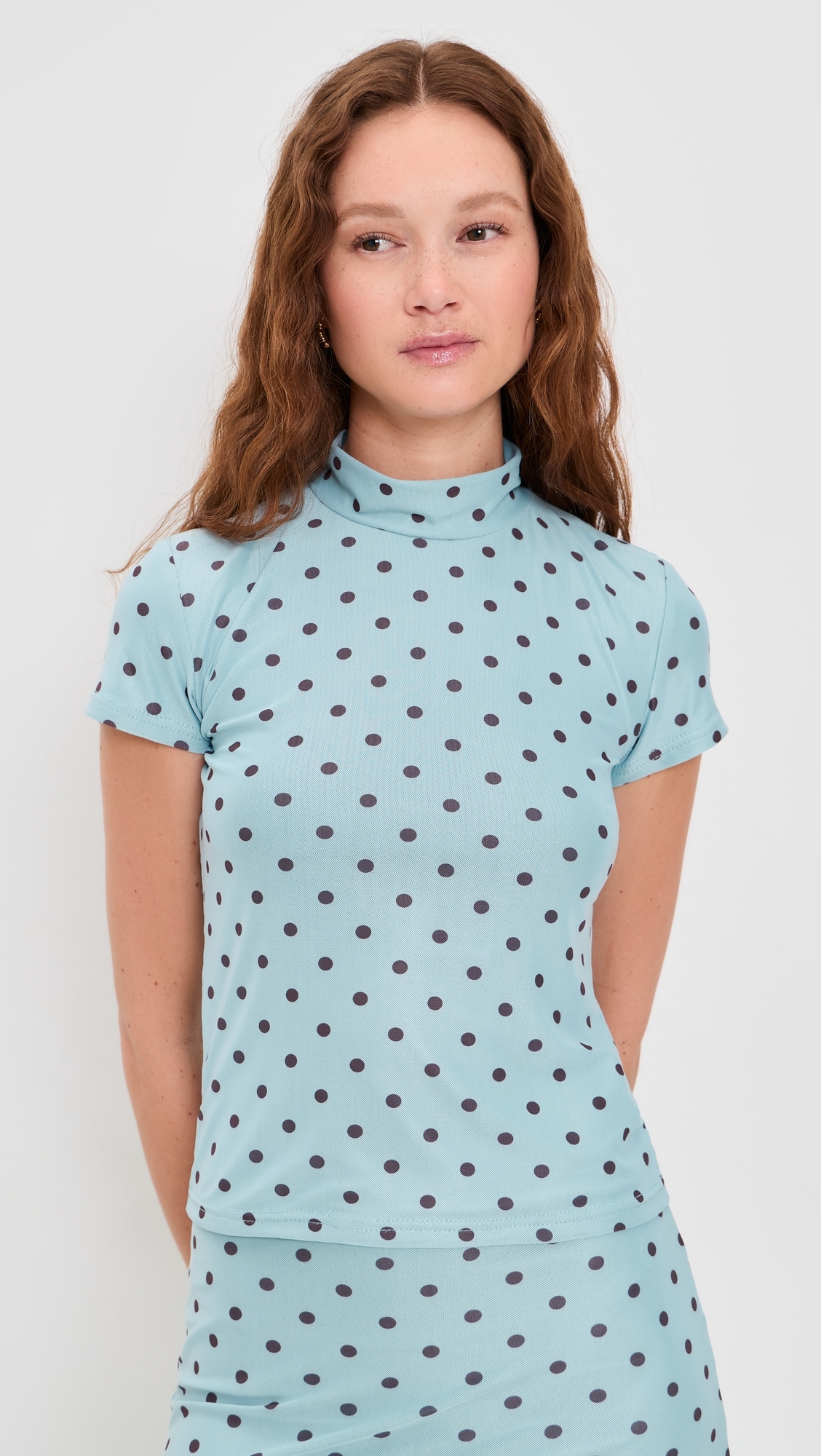 Polka Dot Mesh High Neck Top Blue/Brown