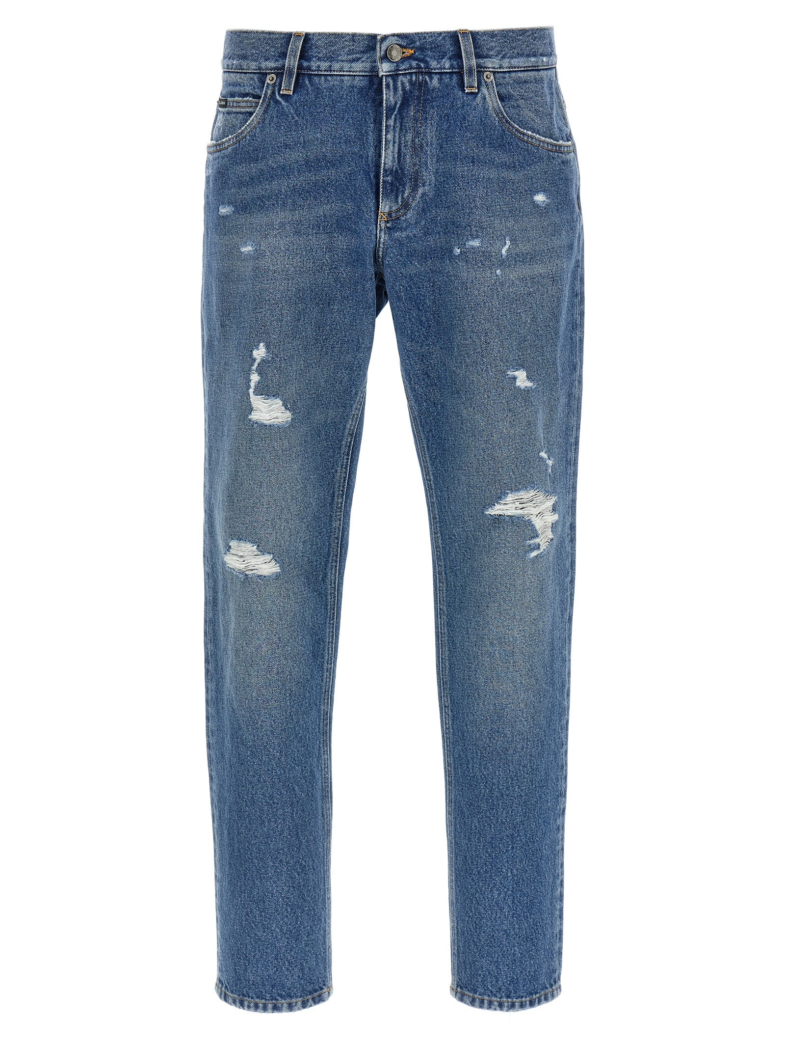 Distressed Cotton Straight-Leg Jeans — Blue