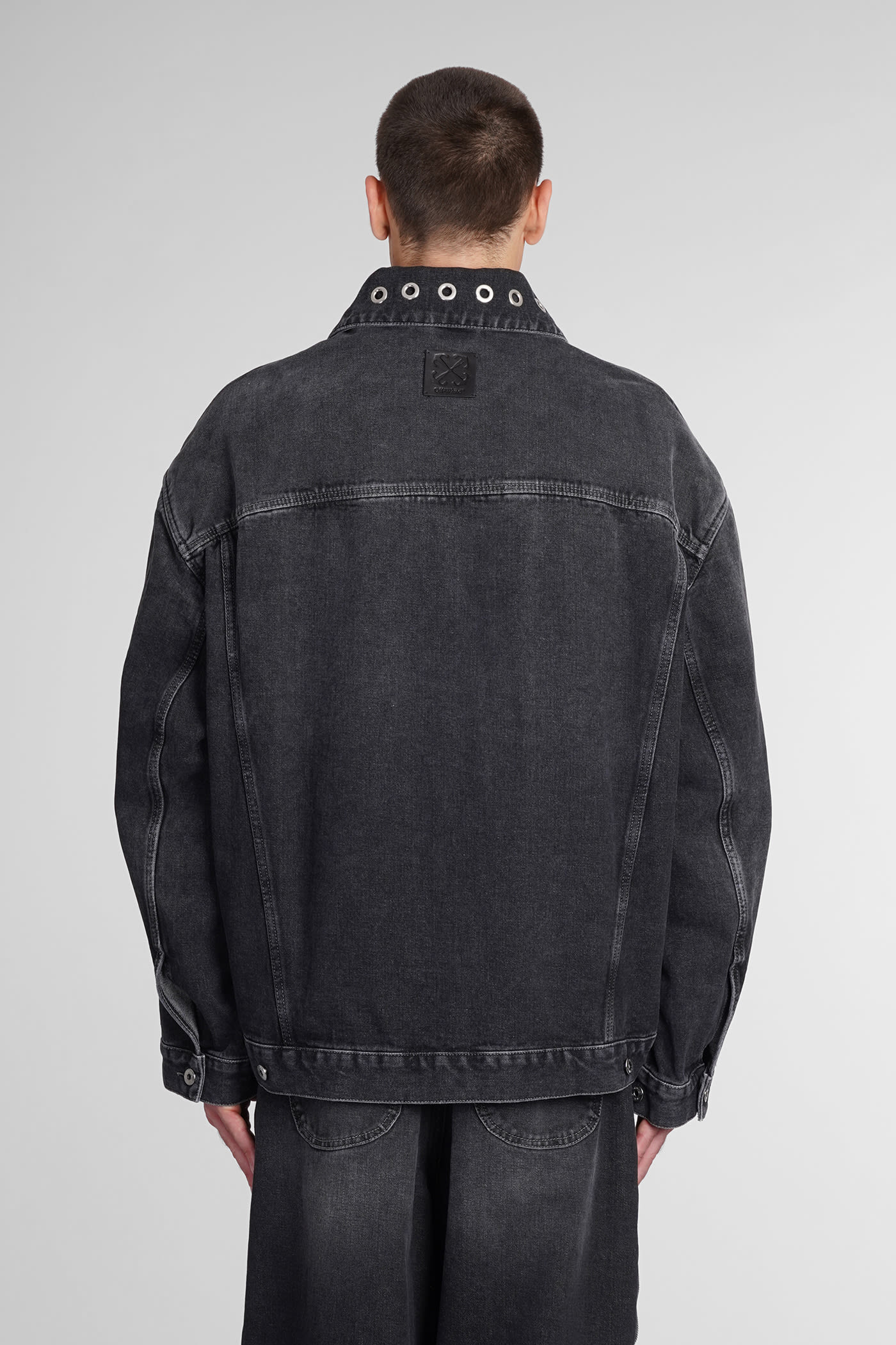 Eyelet-detail drop-shoulder denim jacket - Black