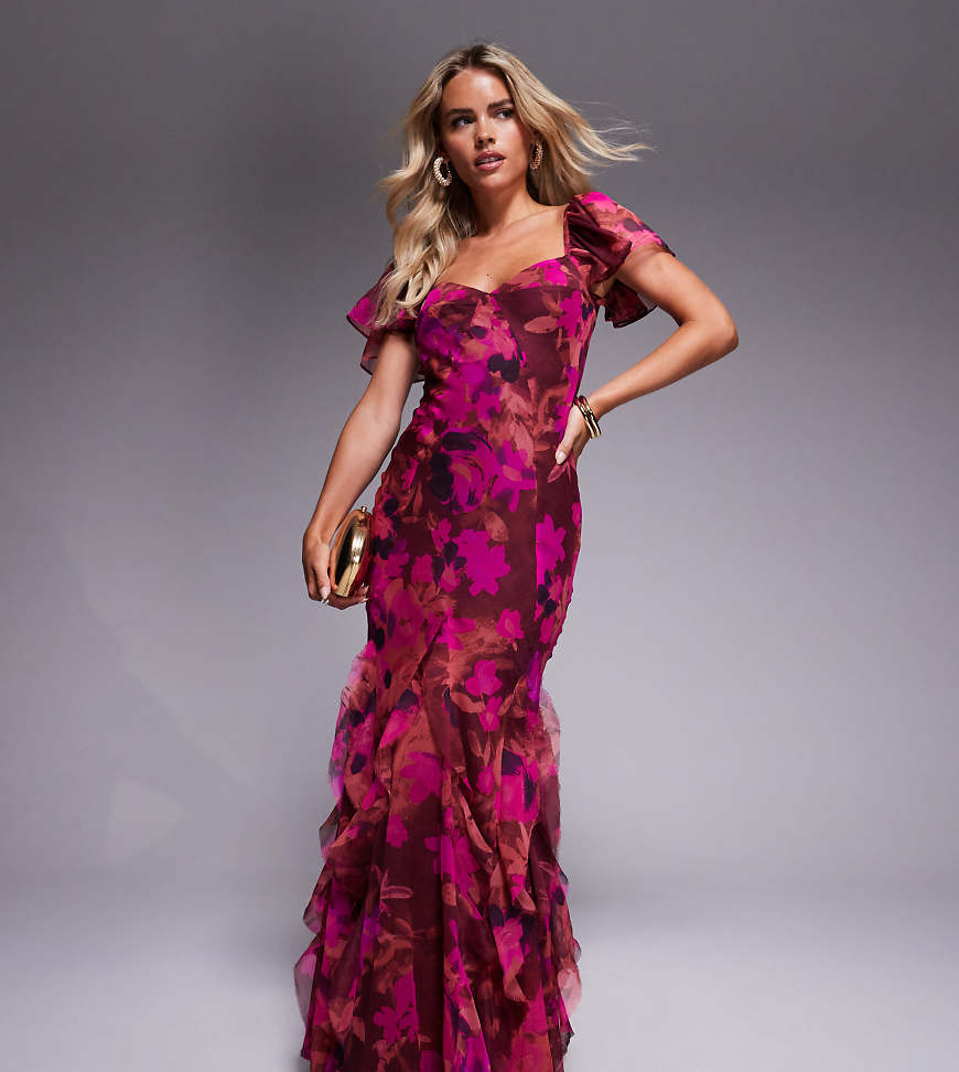 ASOS DESIGN Petite flutter sleeve maxi dress with ruffle godets in bright pink floral print-Multi