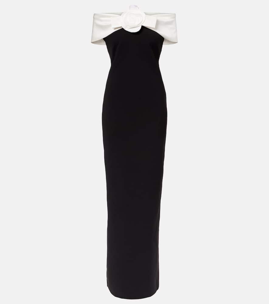 Floral-appliqué off-shoulder crêpe gown
