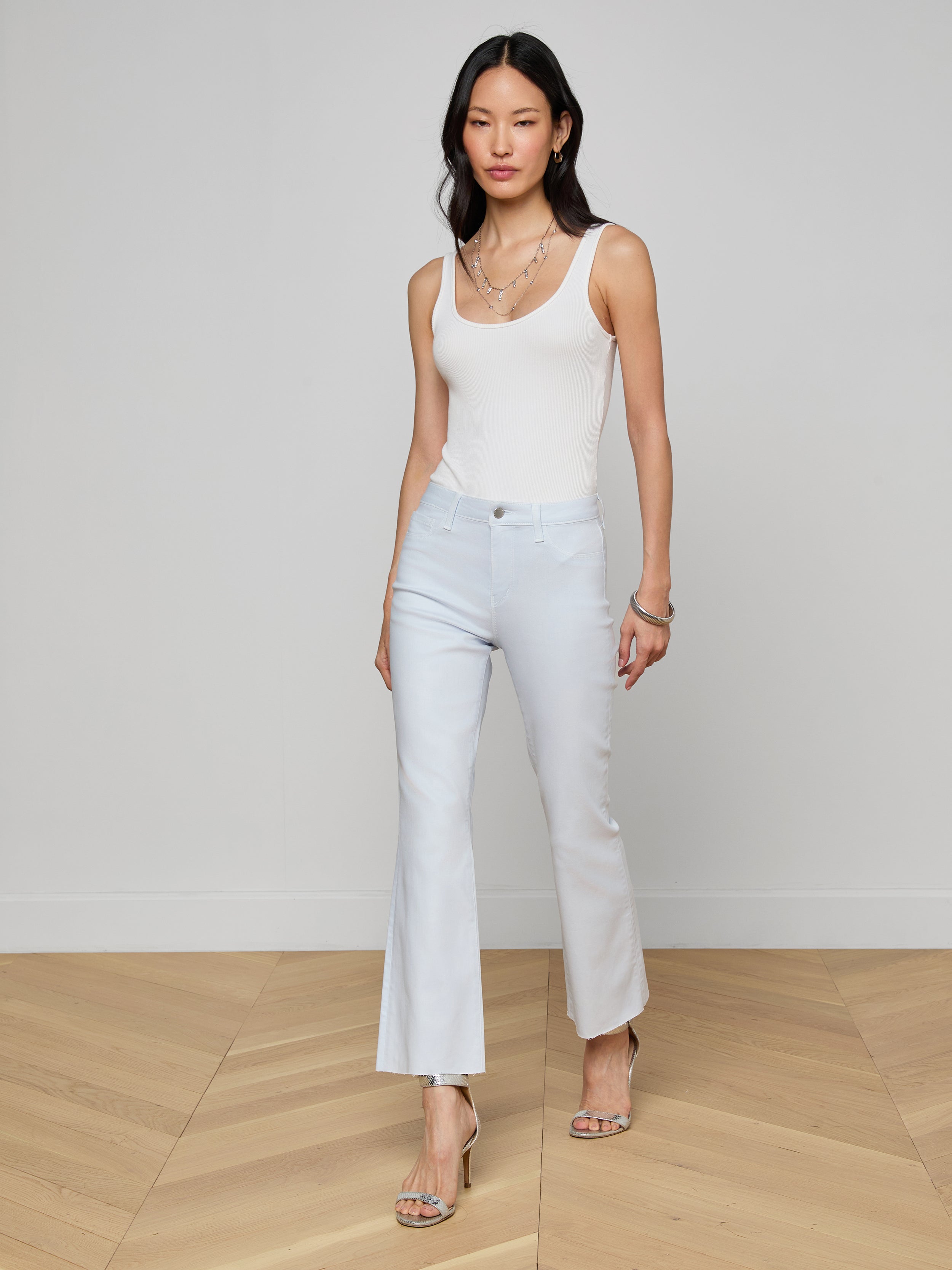 Kendra Coated Cropped Flare Jean In Pale Mist Blue Coated