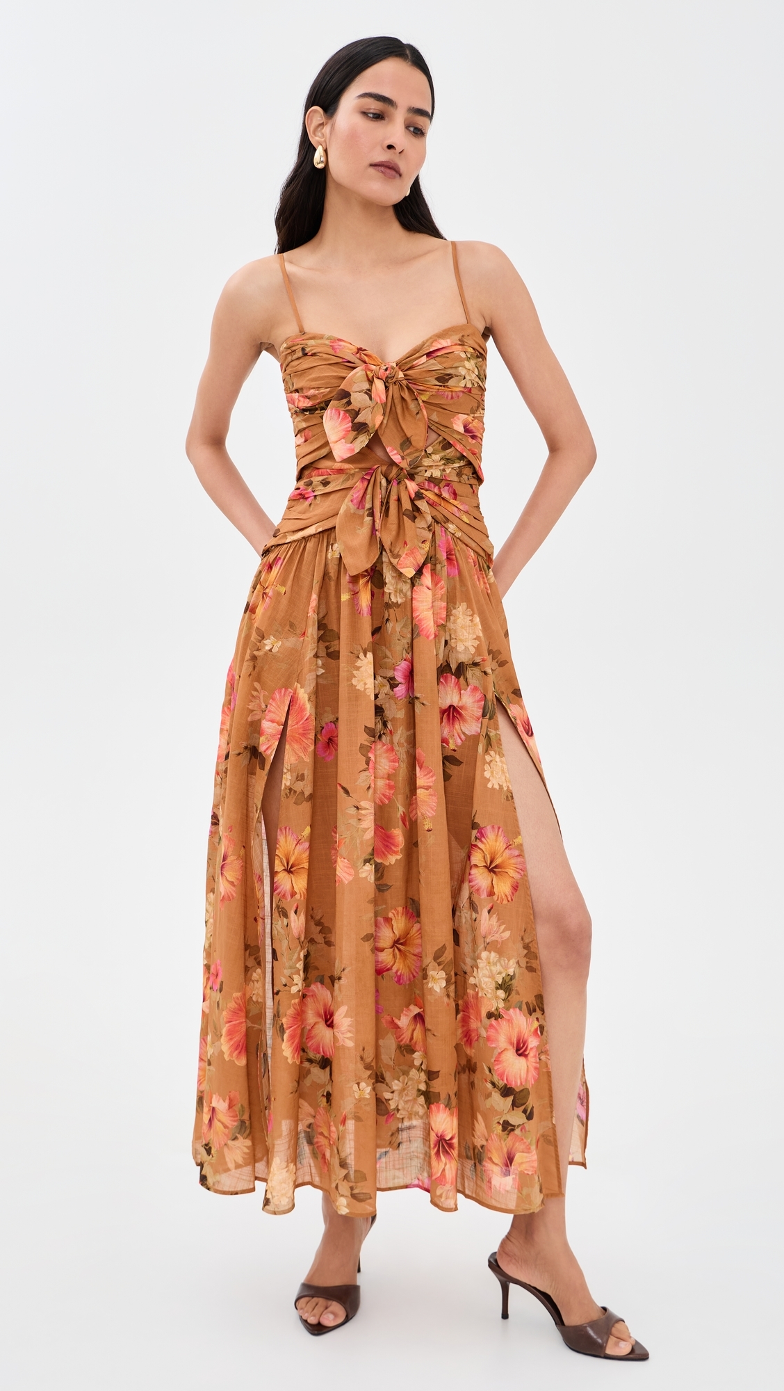 Mahon Tie Front Midi Dress Tan Hibiscus