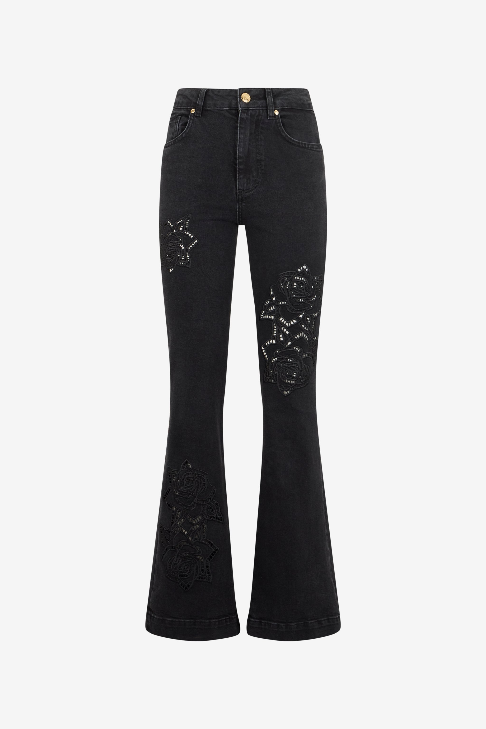 Jeans Flared Black With Floral Embroidery