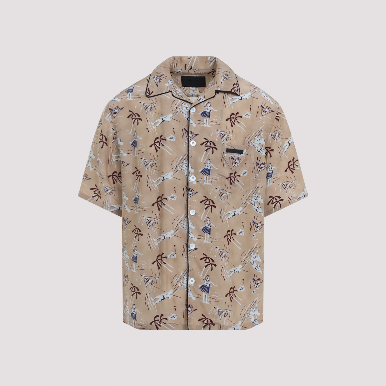 Beige Printed Bowling Shirt