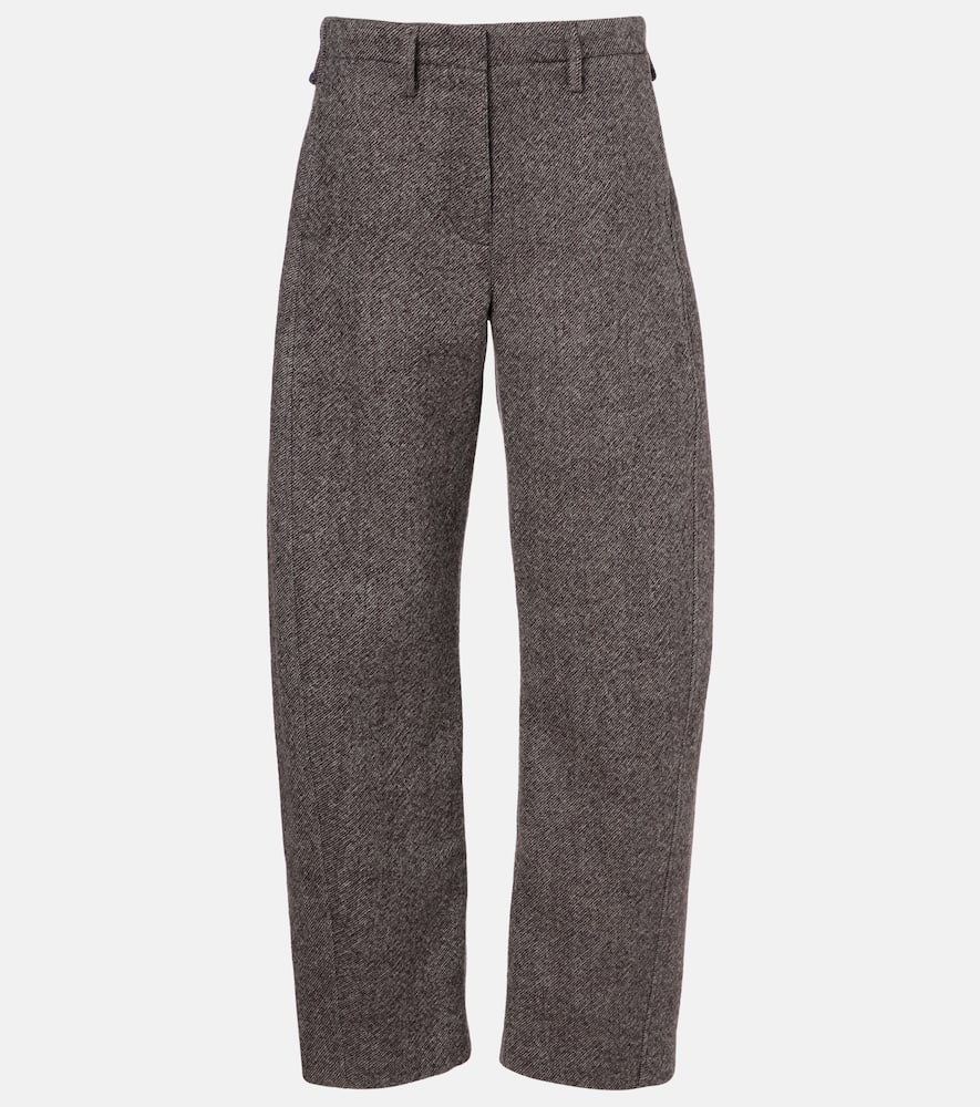 Low-rise herringbone wool-blend barrel-leg pants