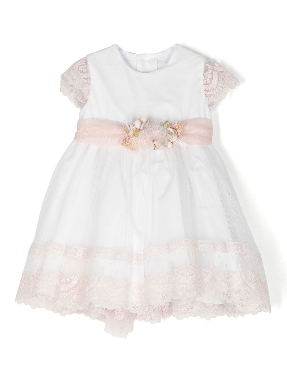 Belted lace-appliqué flared dress - White