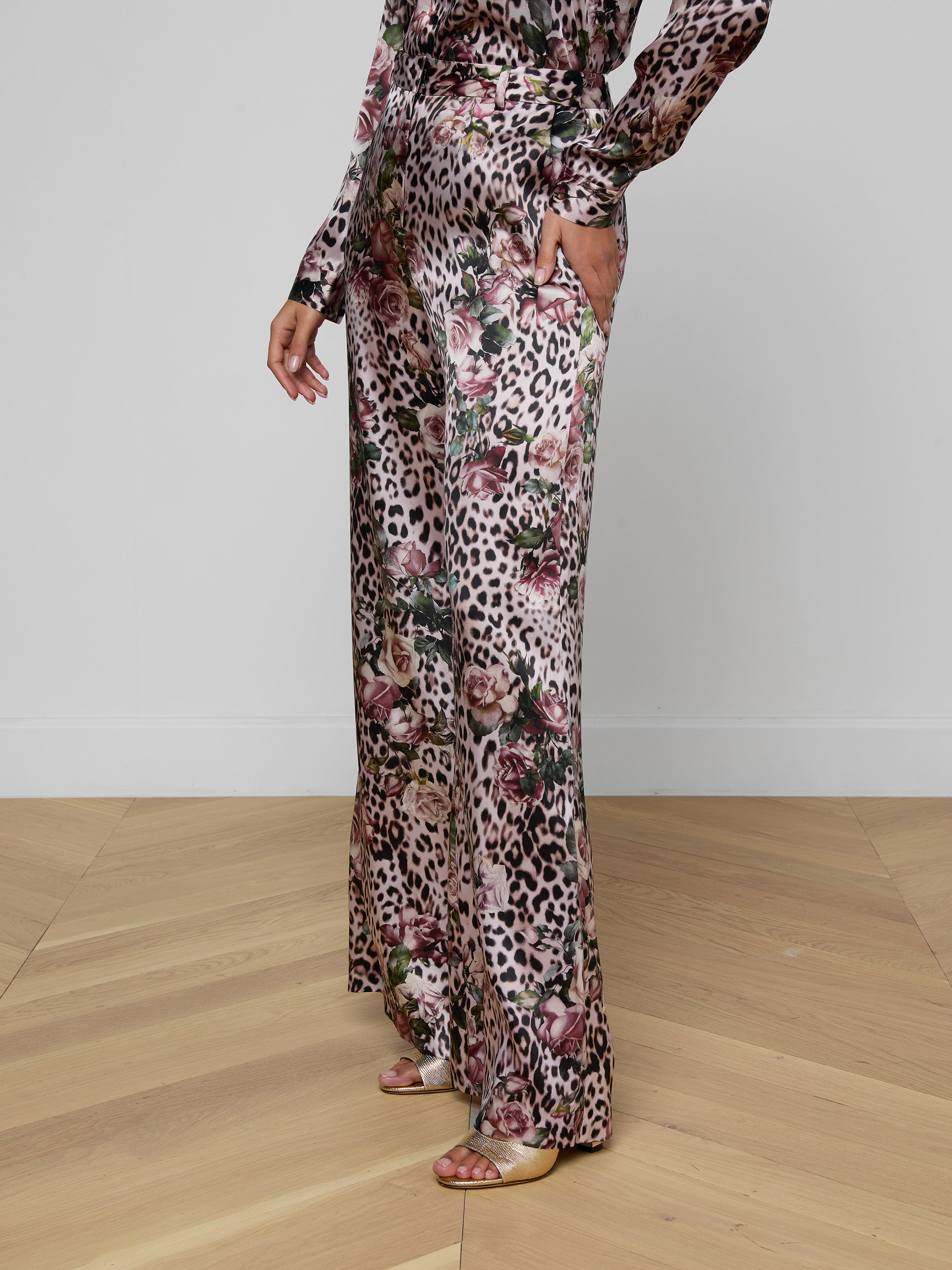 Pilar Silk Wide-Leg Pants In Multi Small Rose Cheetah