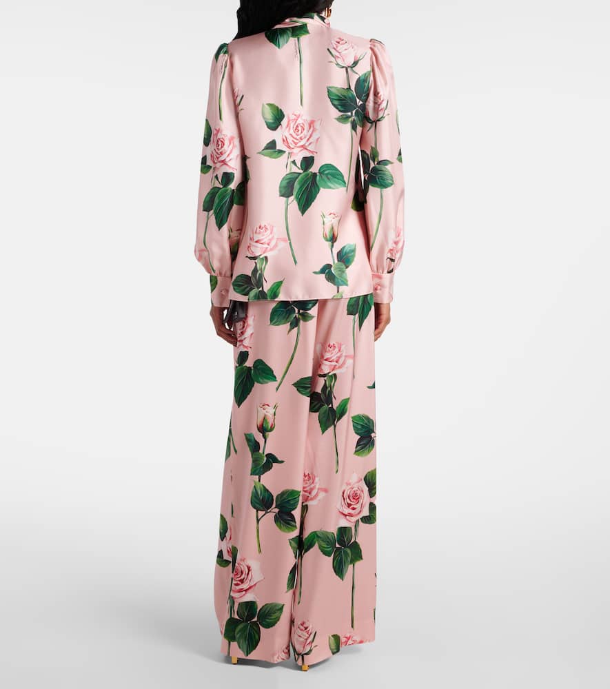 Floral tie-neck silk satin blouse