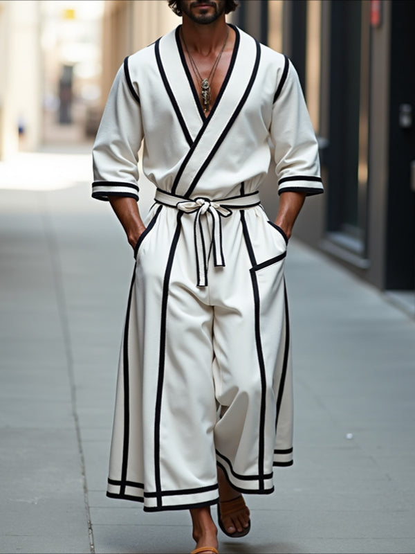 Mens Bold Stripe Contrast Color Two Pieces Outfit SKUL23933 - White / S