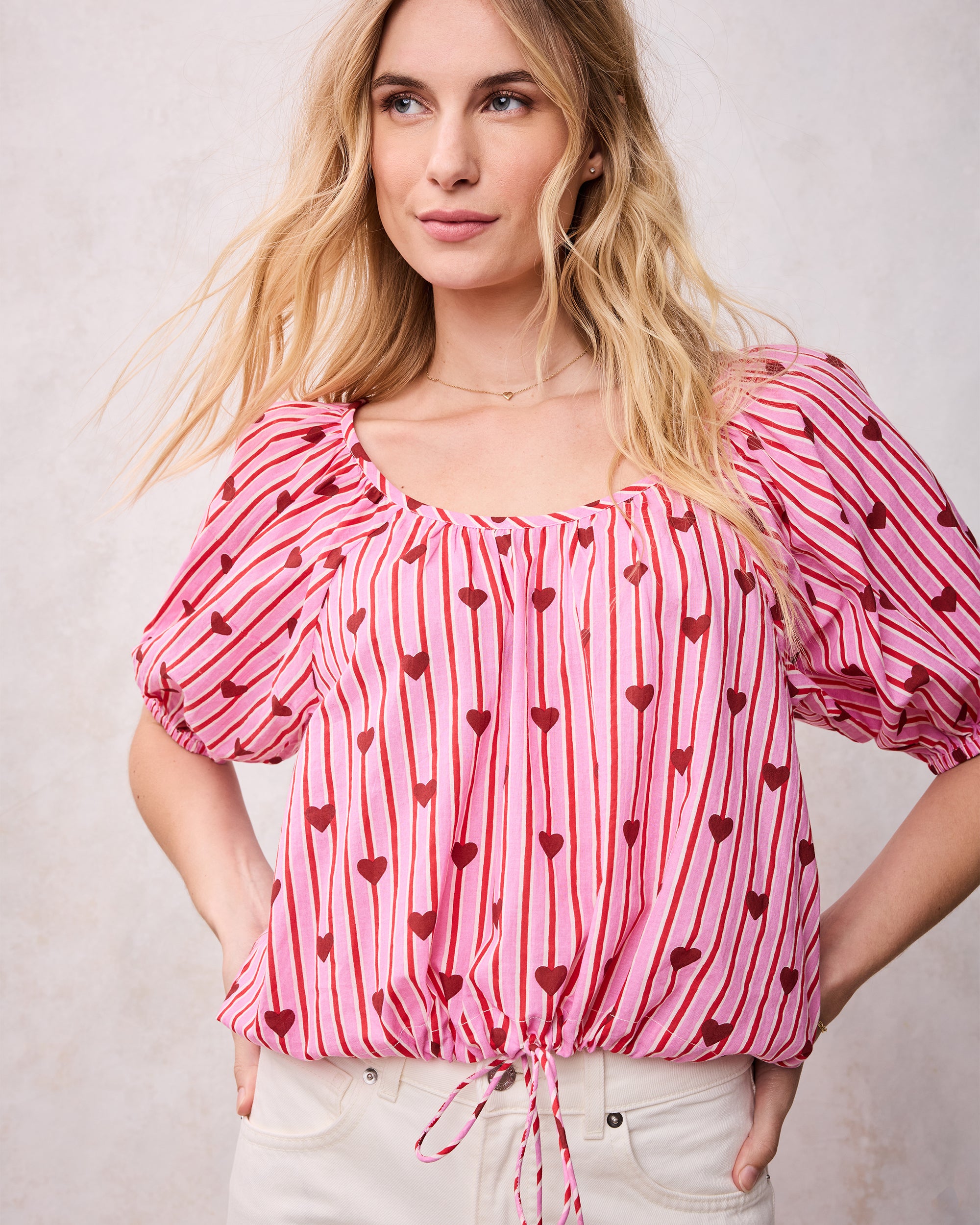 Organic Cotton Half-Sleeve Cropped Blouse in Sweethearts | Women's XXS | Pink Spring