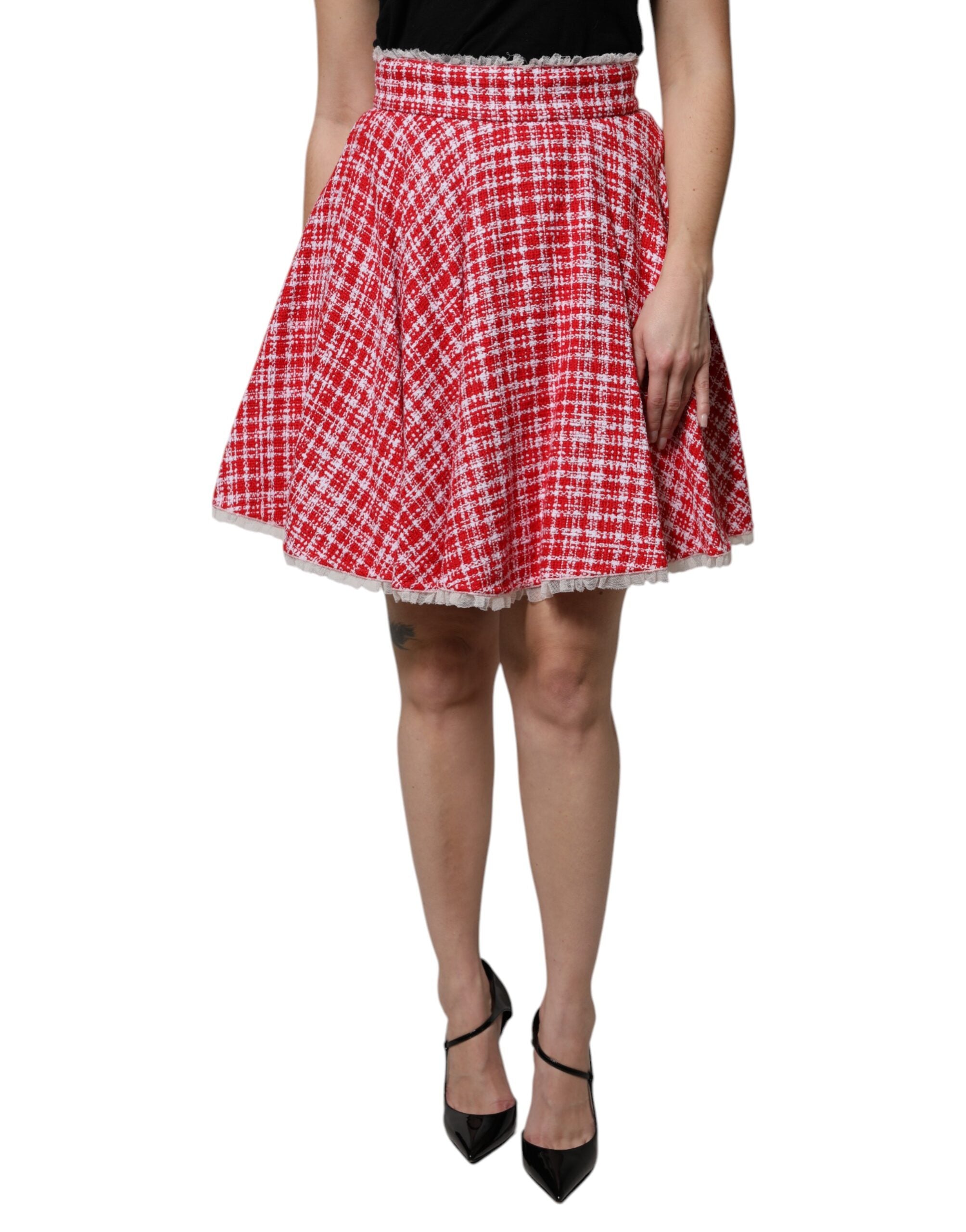 Checked Cotton A-Line Skirt — Red