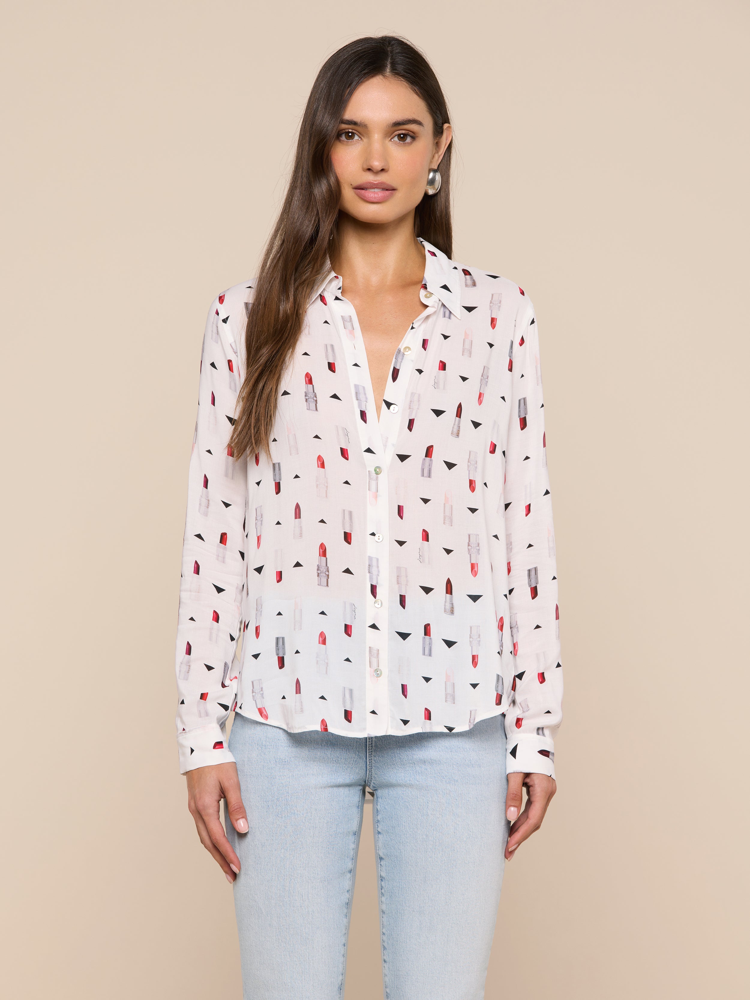 Holly Blouse Top In Ivory Multi Lipstick Geo