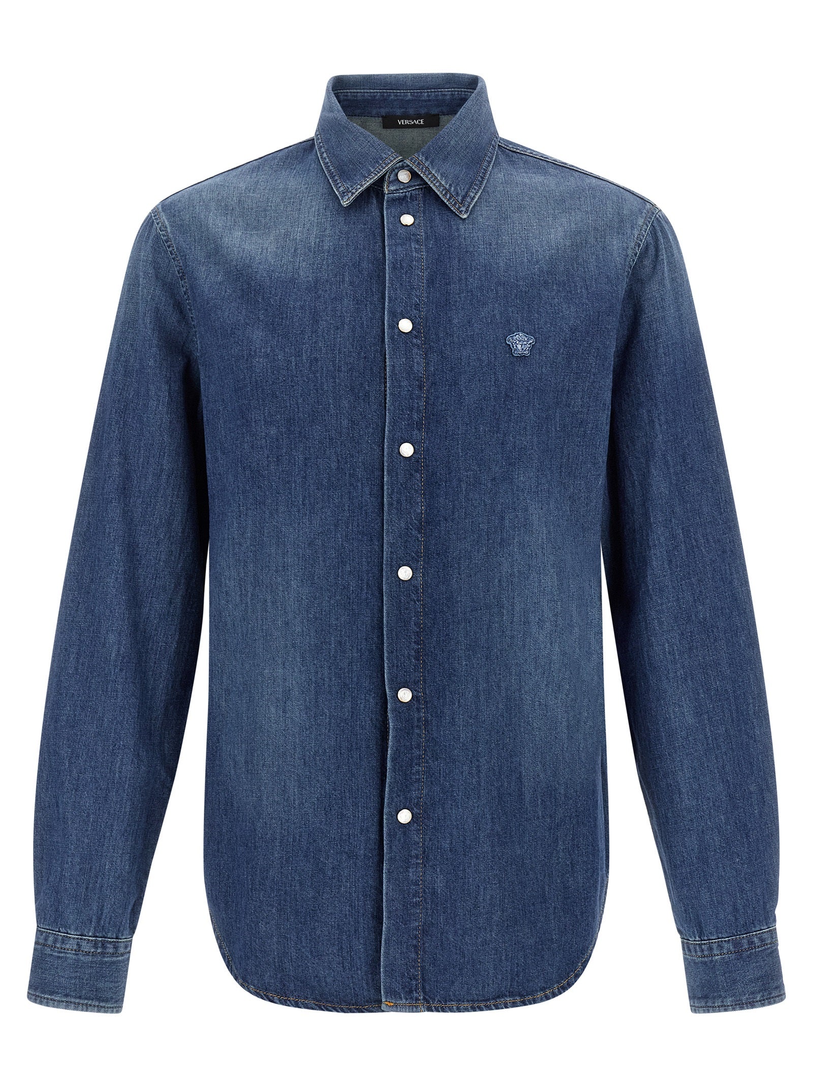 Cotton Denim with Medusa Emblem Shirt — Blue