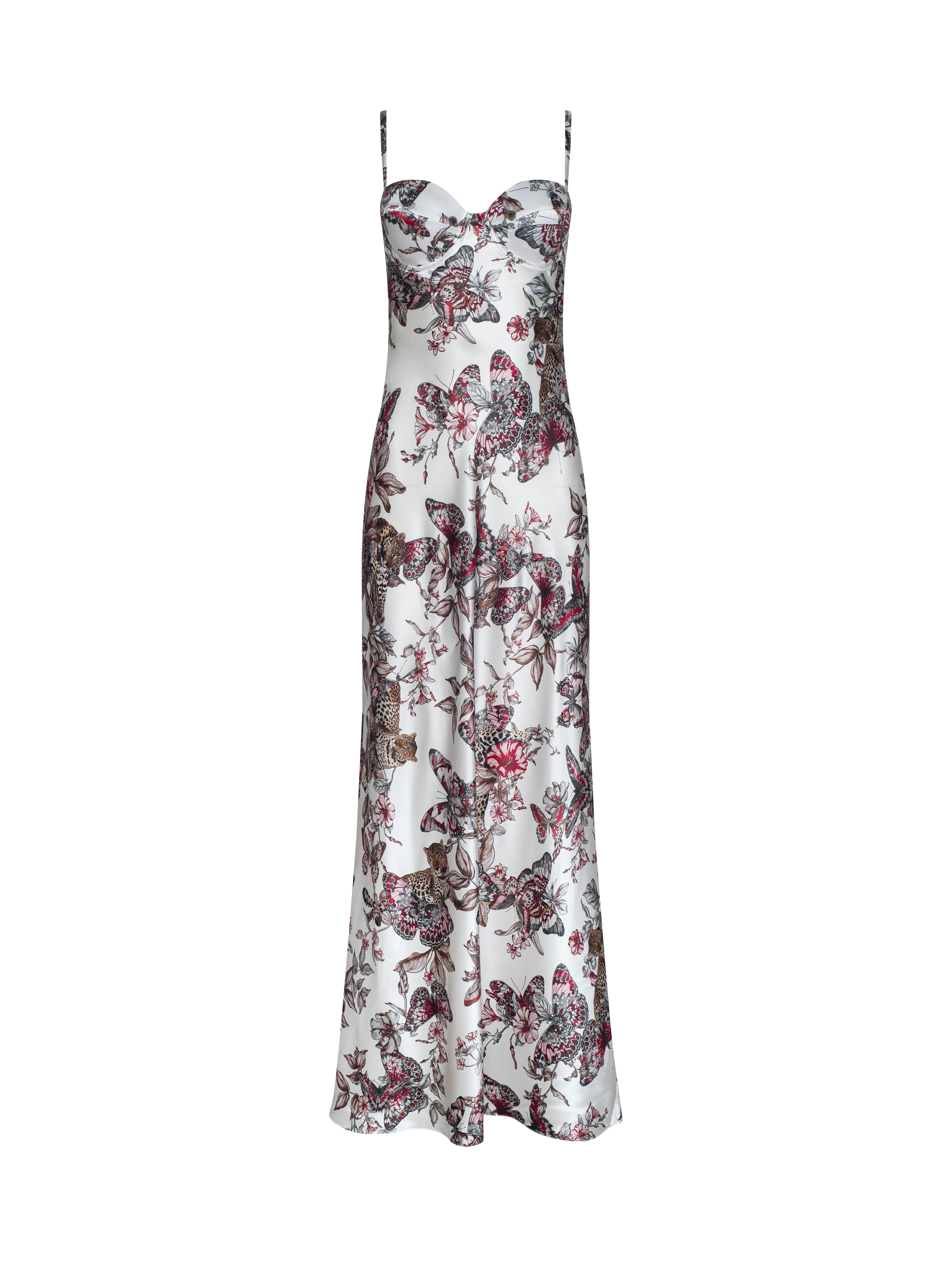 Sayla Silk Gown In White Multi Large Butterfly Jungle