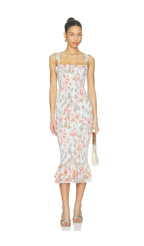 HEMANT AND NANDITA Smocked Midi Dress in Blue. S. Also in L, M, XL