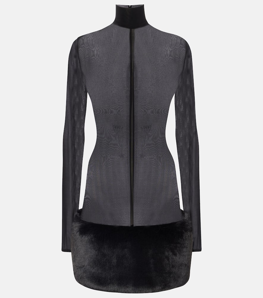 Sheer faux fur-trimmed minidress