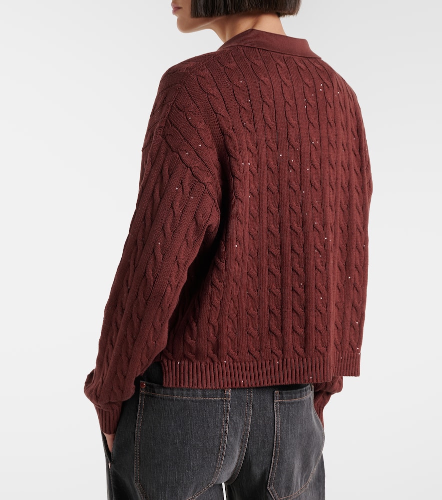 Cable-knit cotton-blend polo sweater