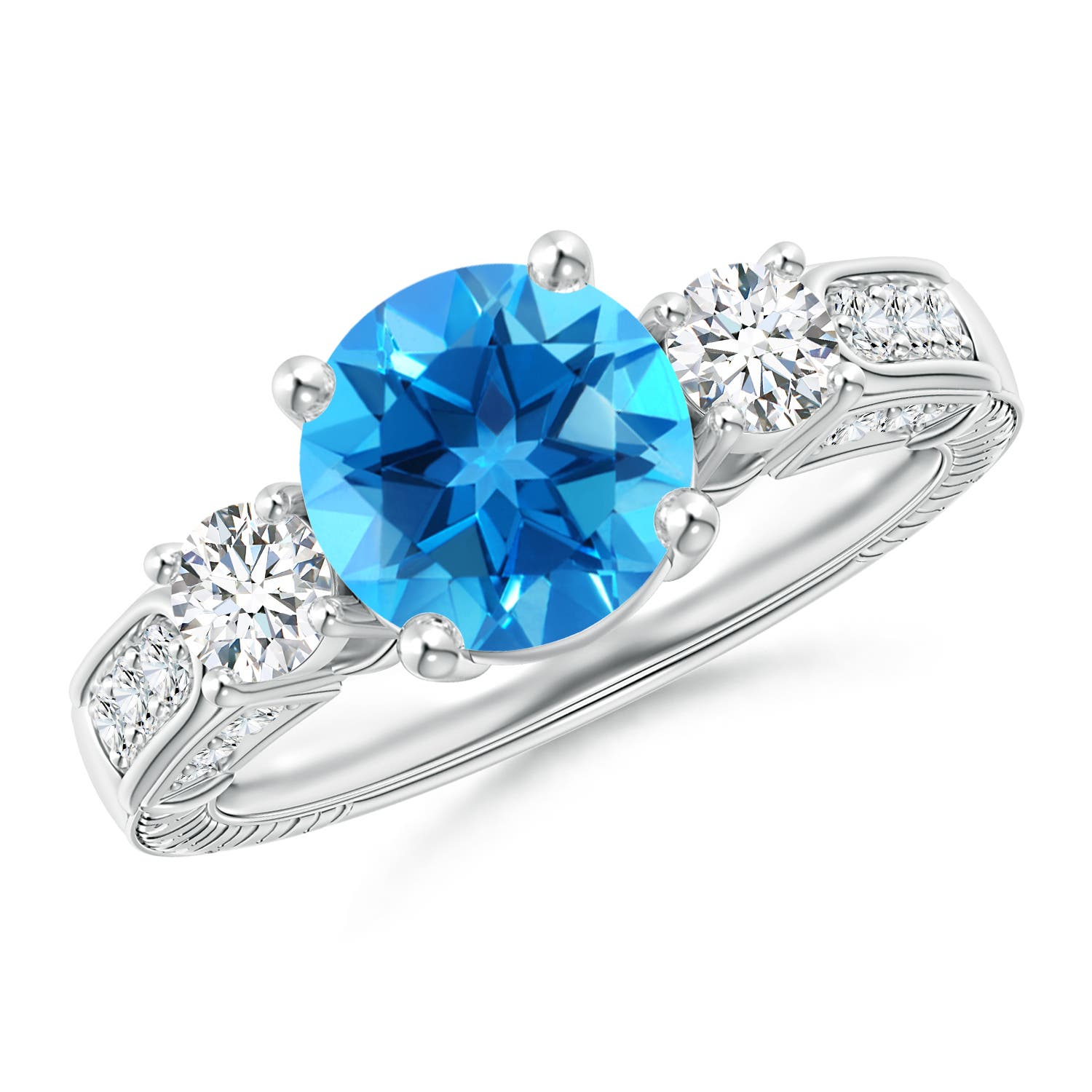 Angara 2.35 Carats Three Stone Round Swiss Blue Topaz and Diamond Ring in Platinum