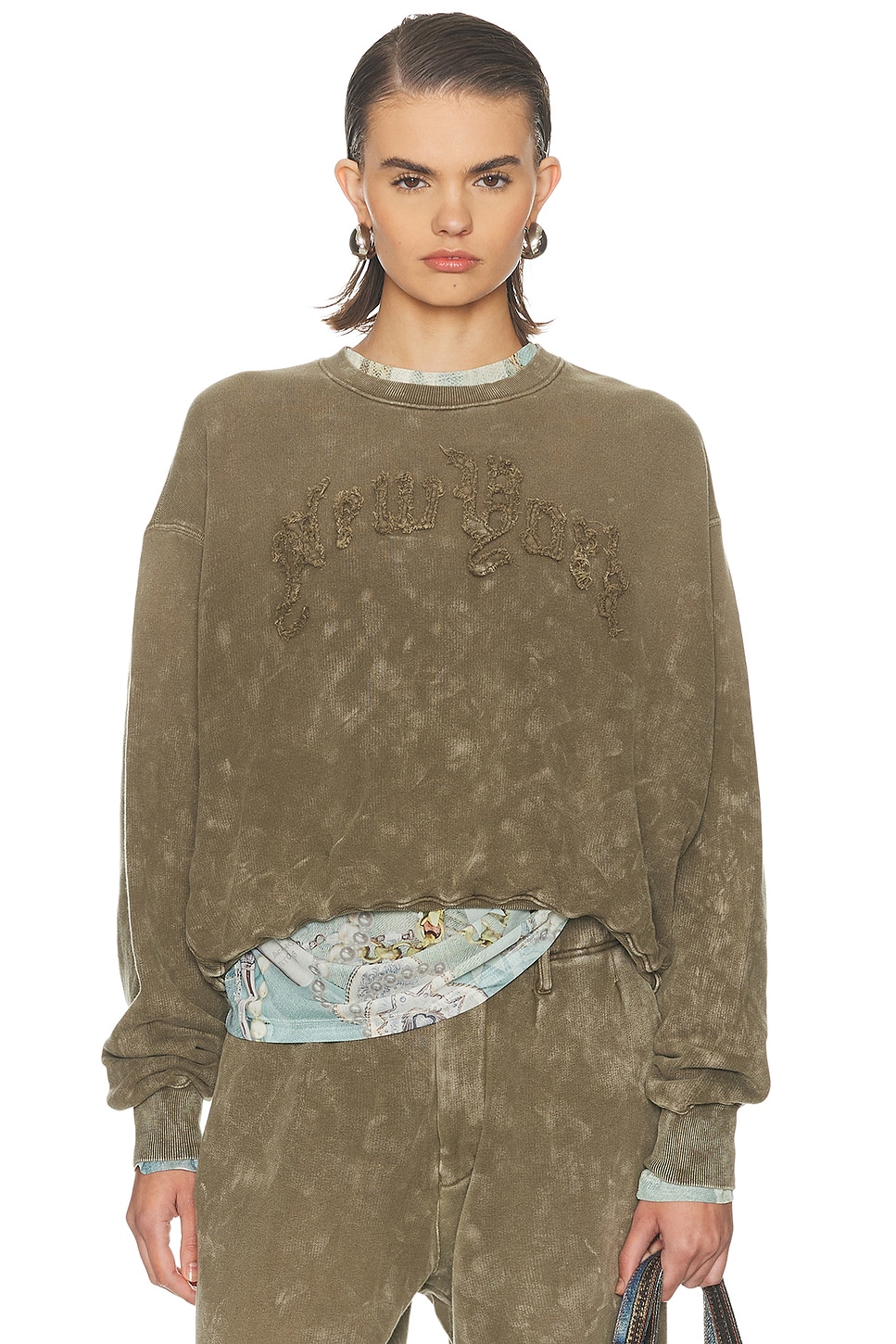 R13 New York Balloon Crewneck Sweater in Acid Olive Green - Olive. XS also in L