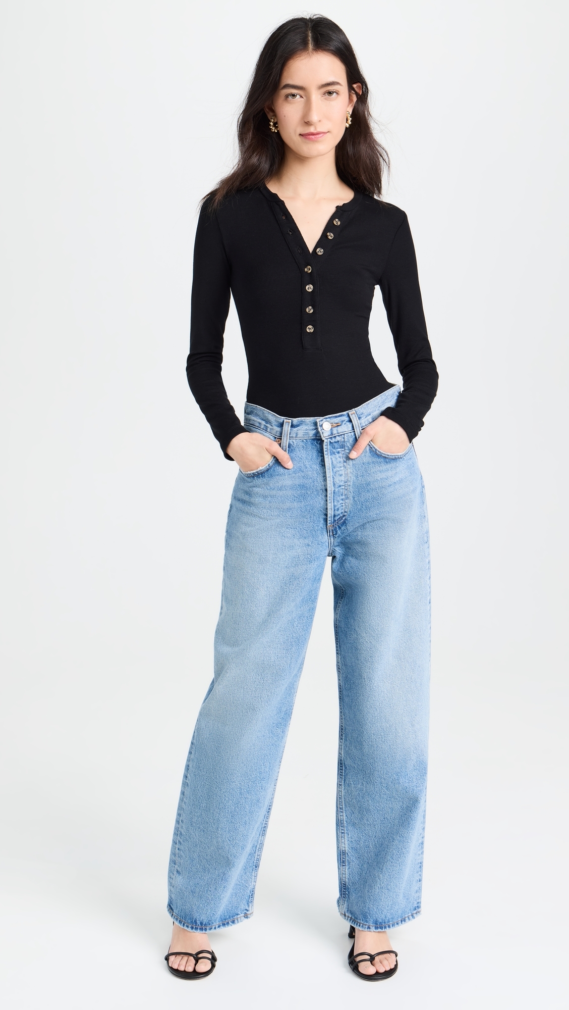 Ambitionist 여성 Button Up Ribbed Henley Thong Bodysuit Black