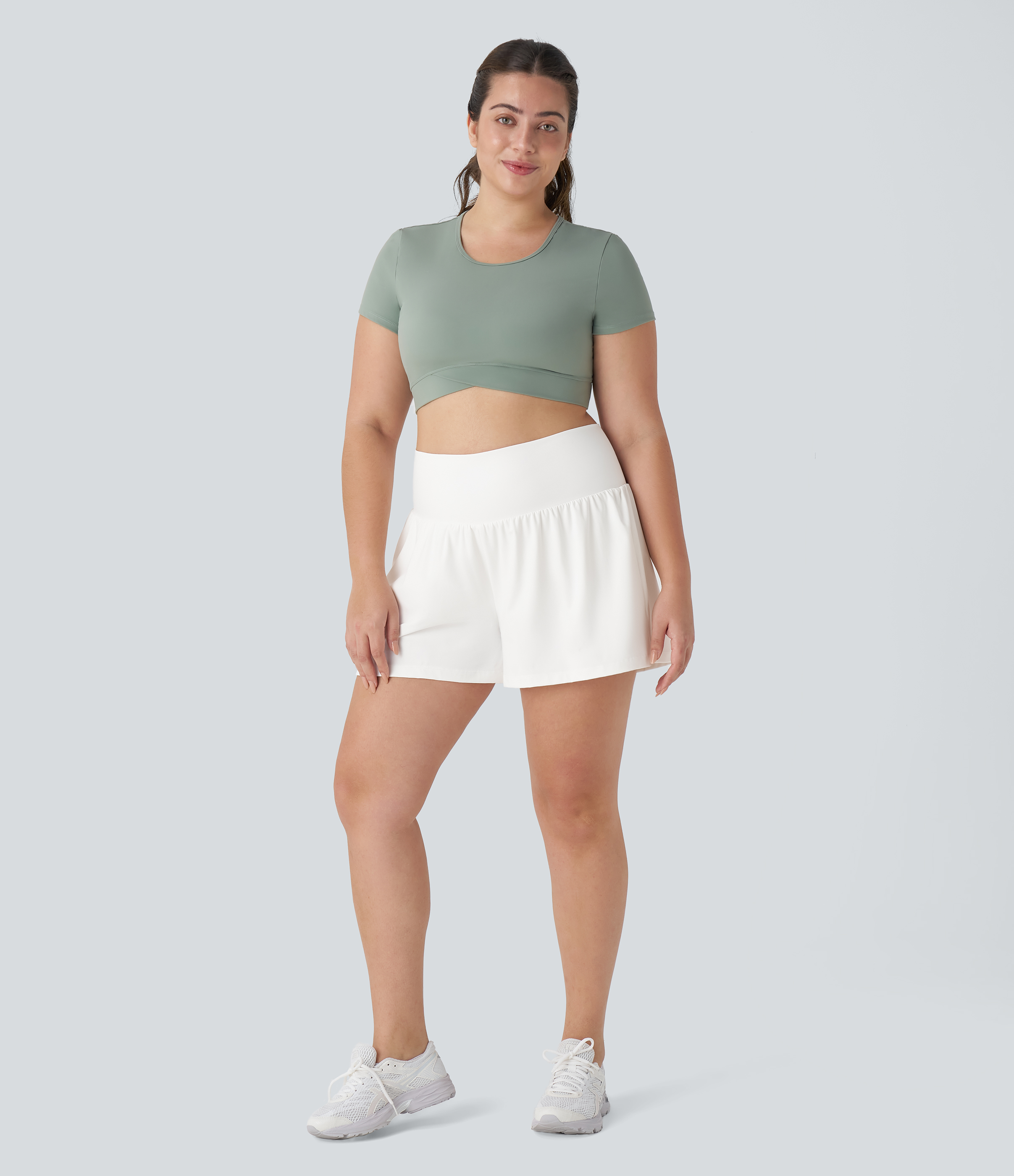 Super High Waisted Pocket & Pocket 2-in-1 Yoga Plus Size Shorts 4''-Longer Length Gym Short - White