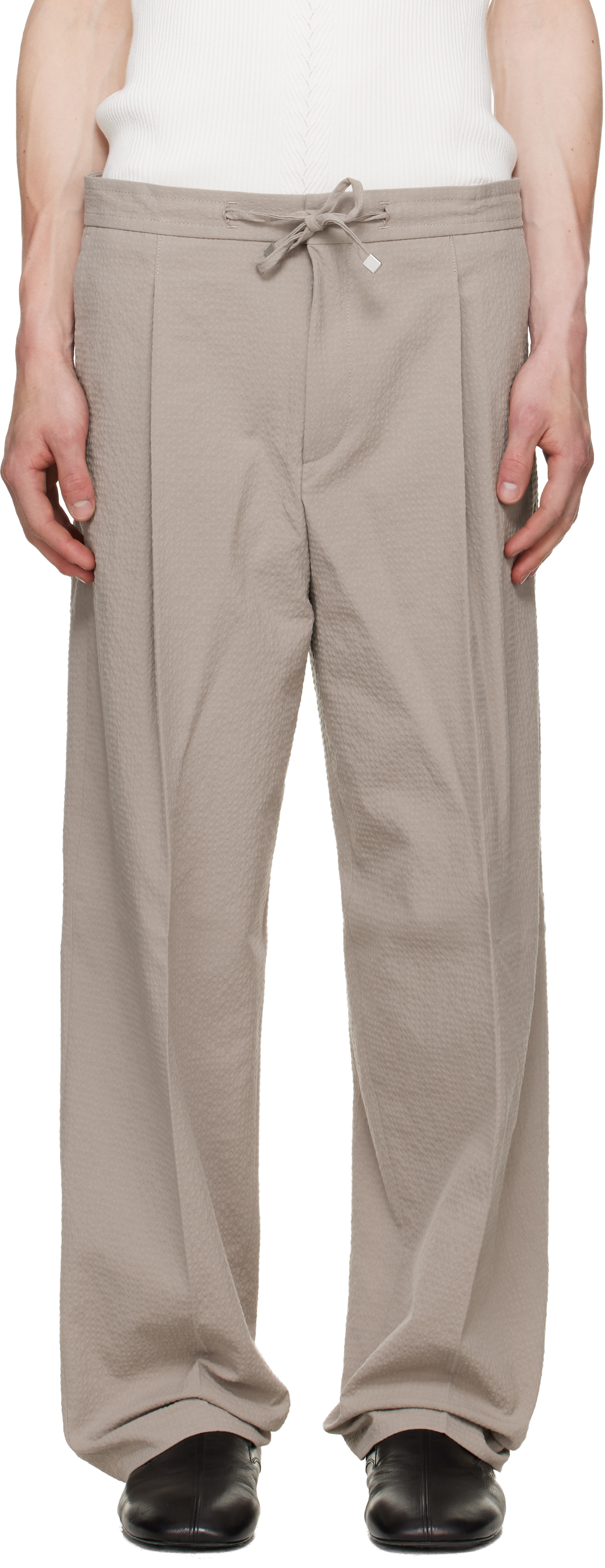 Beige Modern Fit Seersucker Trousers
