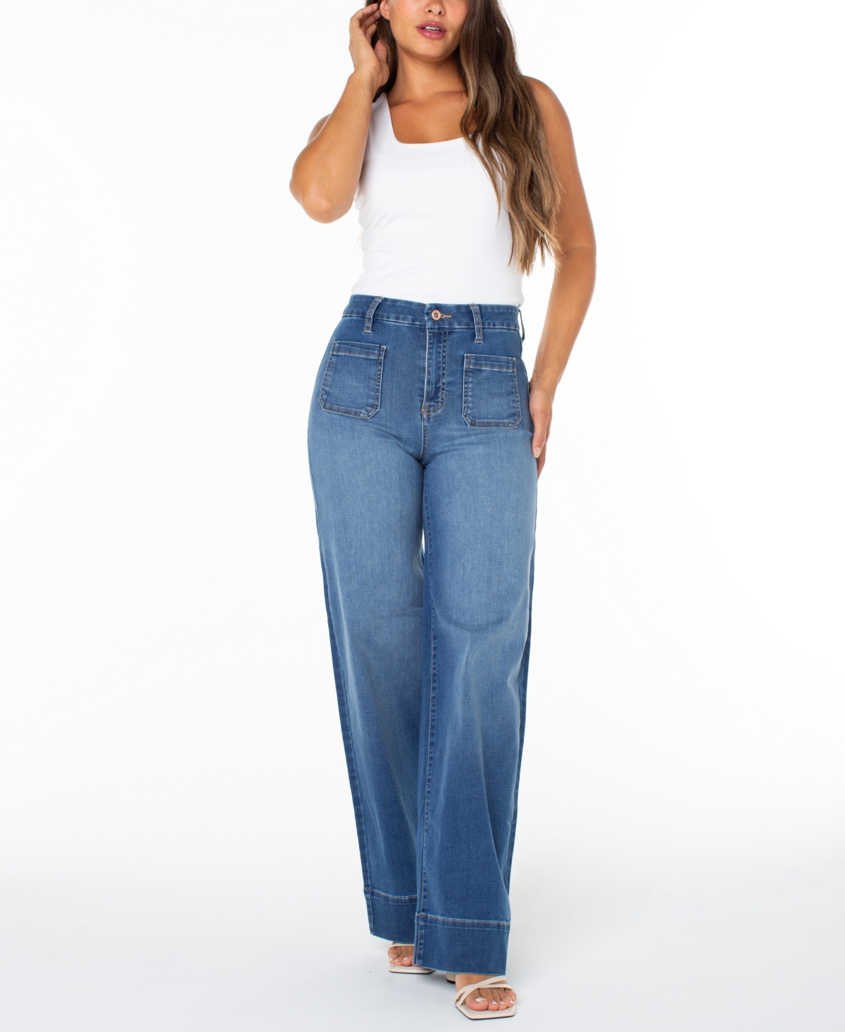 Juniors' High-Rise Wide-Leg Patch-Pocket Jeans - Bubble Pop
