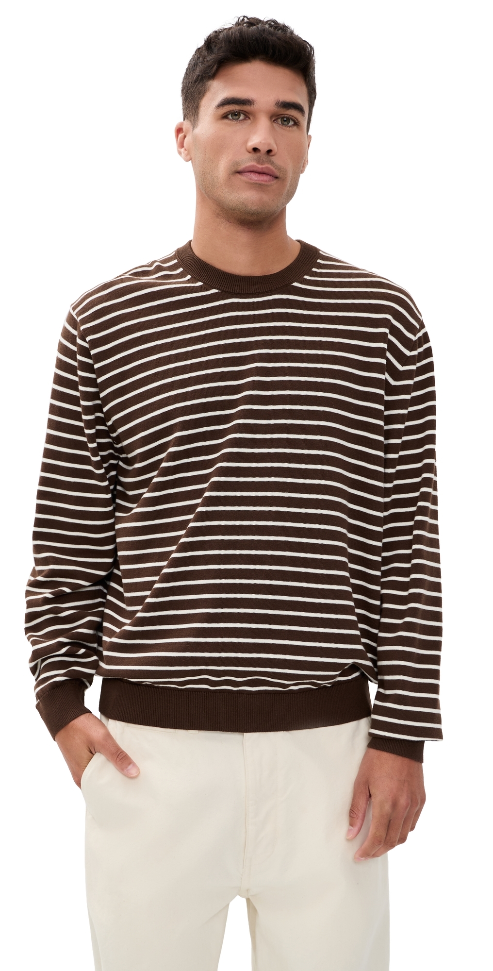 Core Cotton Long Sleeve Crew Sweater Dark Mocha Stripe