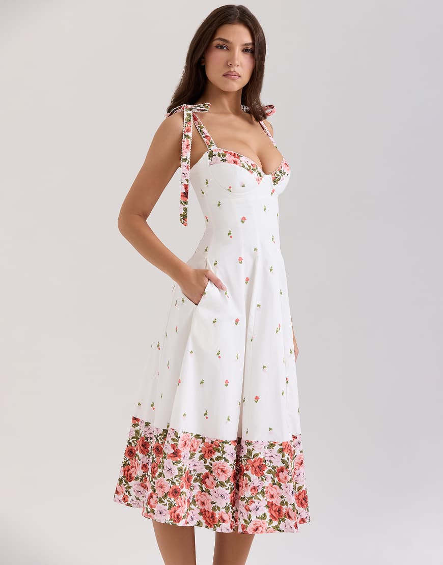Emely stretch cotton midi sundress in white floral print