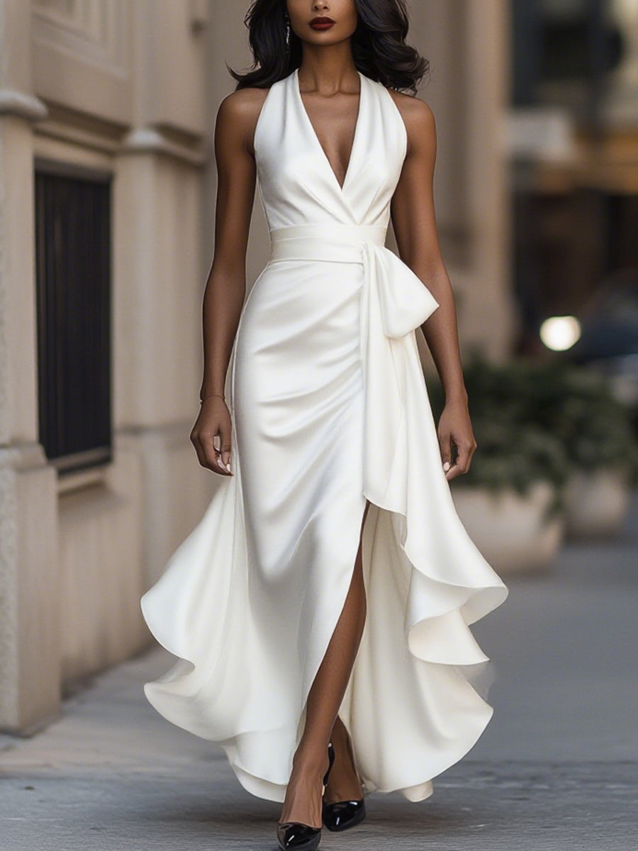 Midnight Elegance Satin Halter Ruffle Gown - White