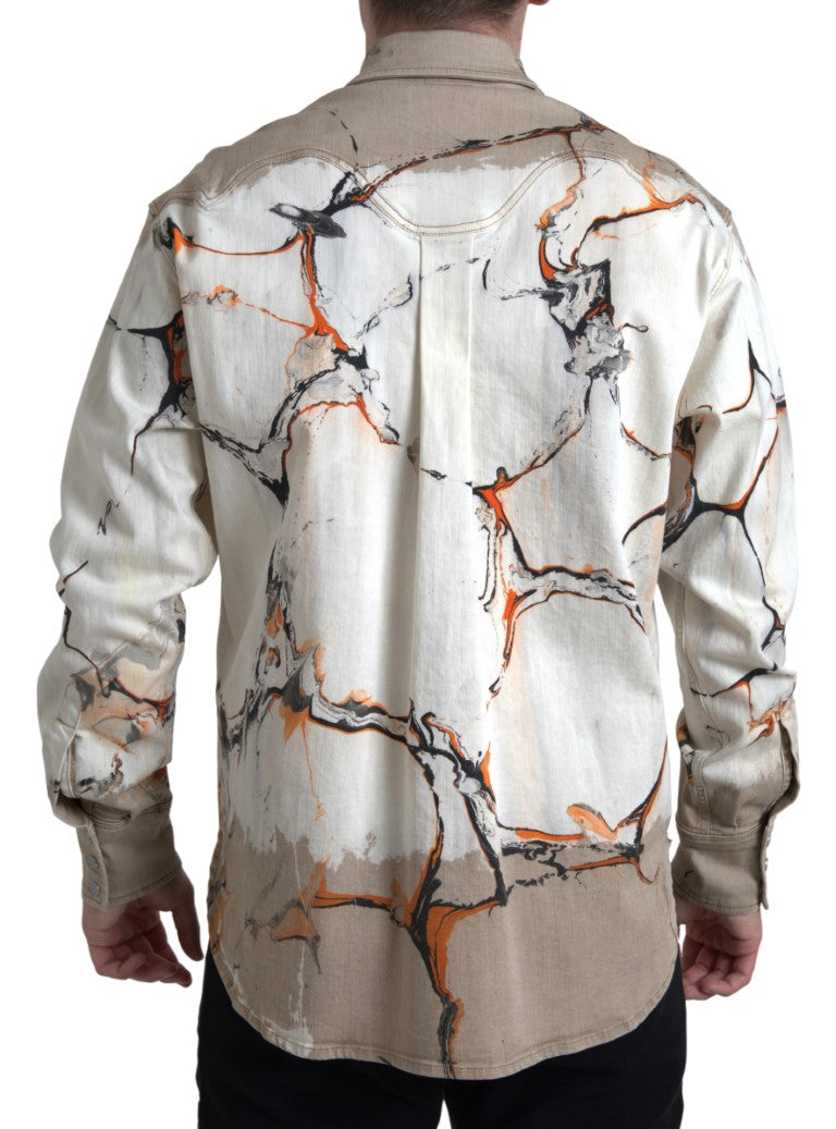 Abstract Paint-Splatter Cotton-Denim Shirt — White