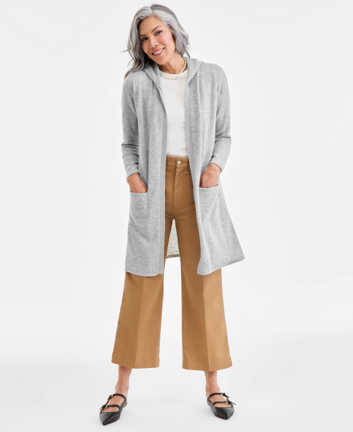 Women's 100% Cashmere Open-Front Hoodie, Macy's Exclusive - Ice Grey Heather