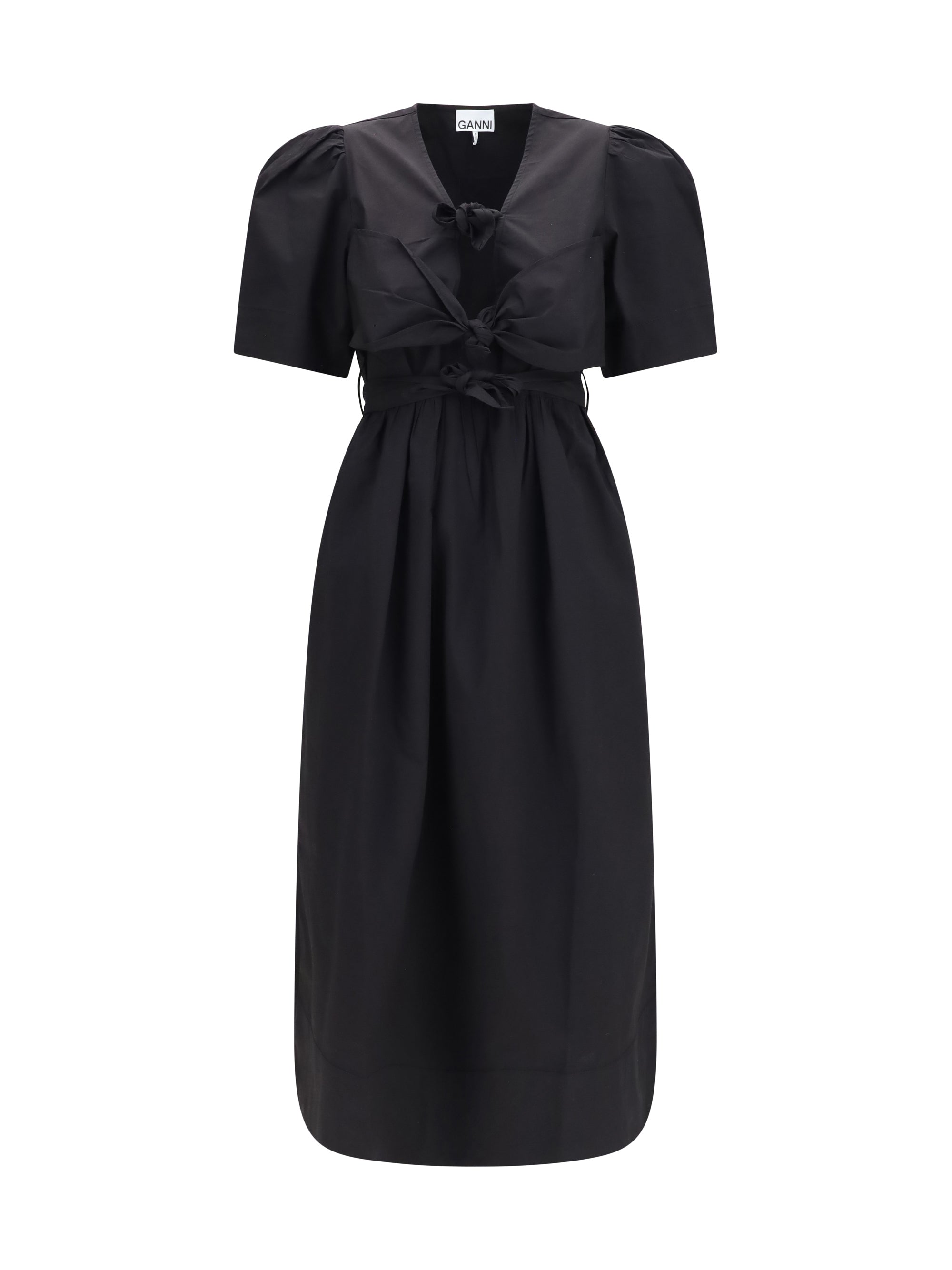 Puff-Shoulder A-Line Midi Dress — Black