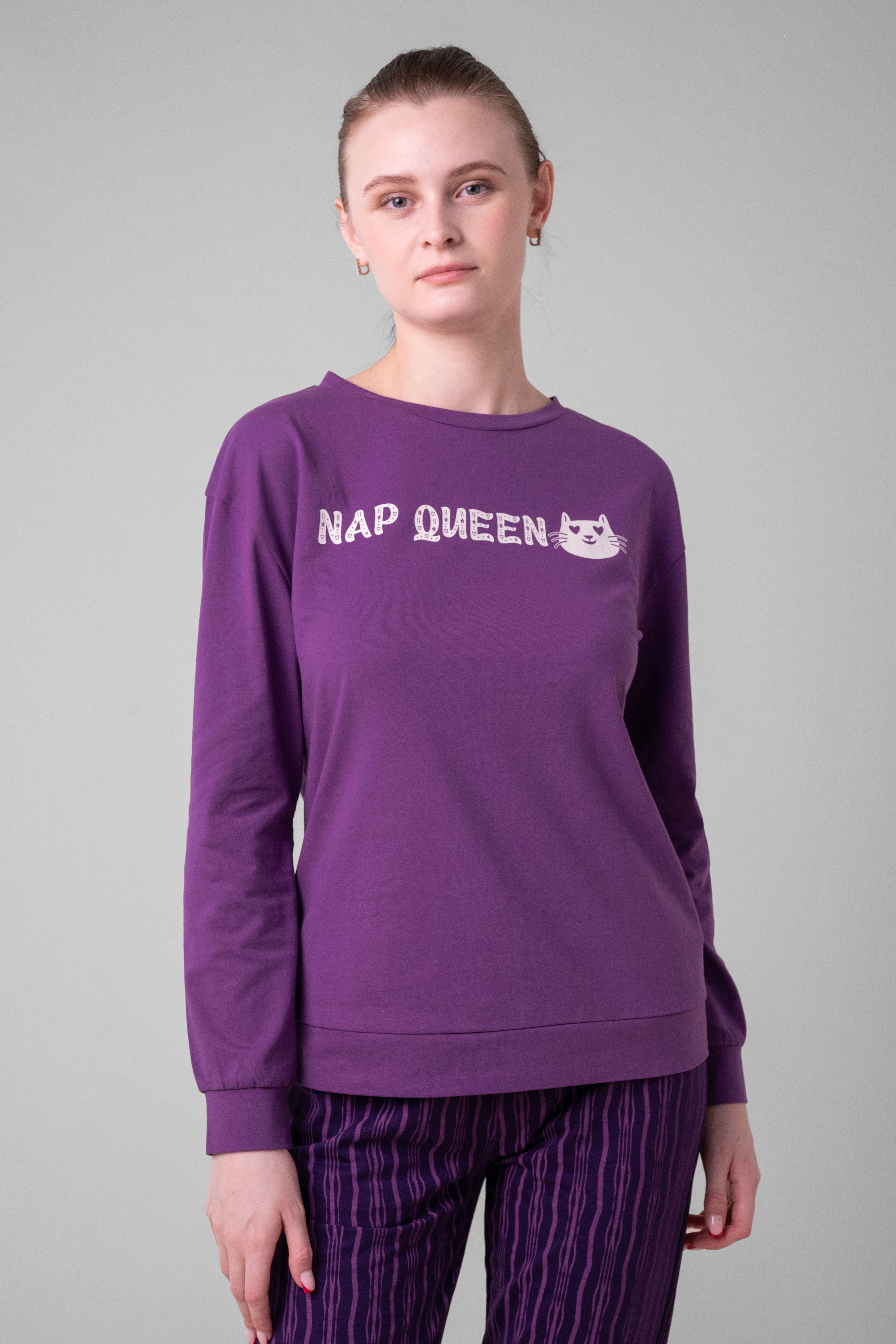 Enorsia Women's Nap Queen Printed Nightwear Set in Purple