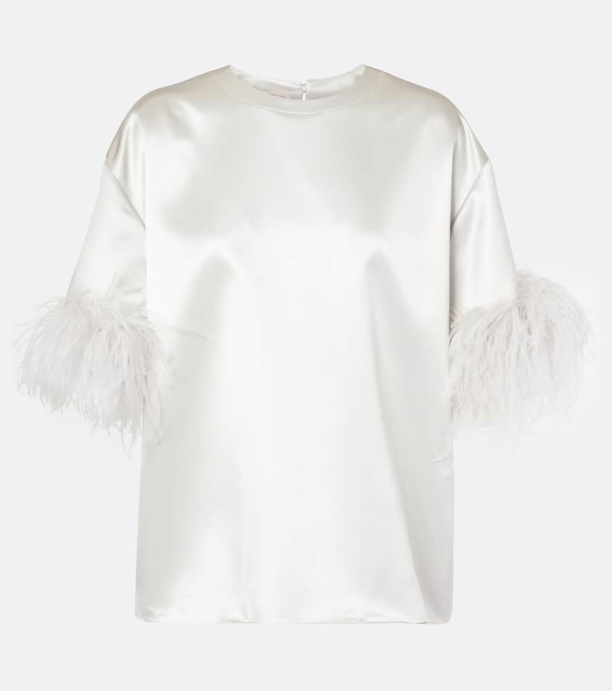 Feather-trimmed silk satin top