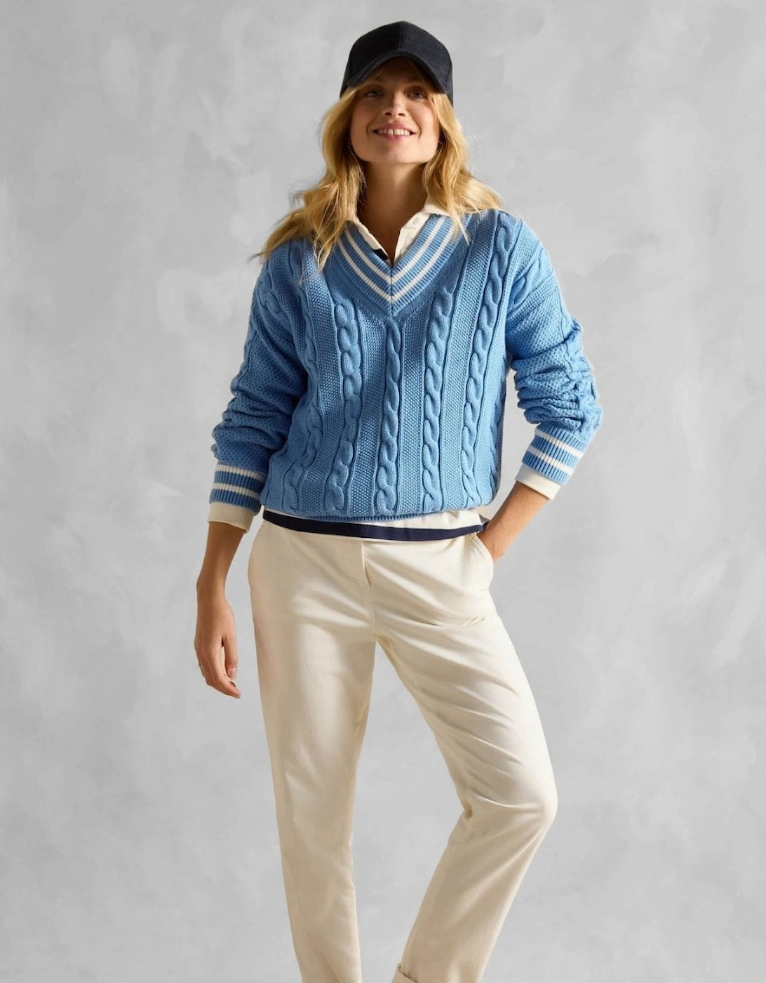 Women's Joules Dibbly Womens V-Neck Cable Knit Jumper - Blue - Size: 14