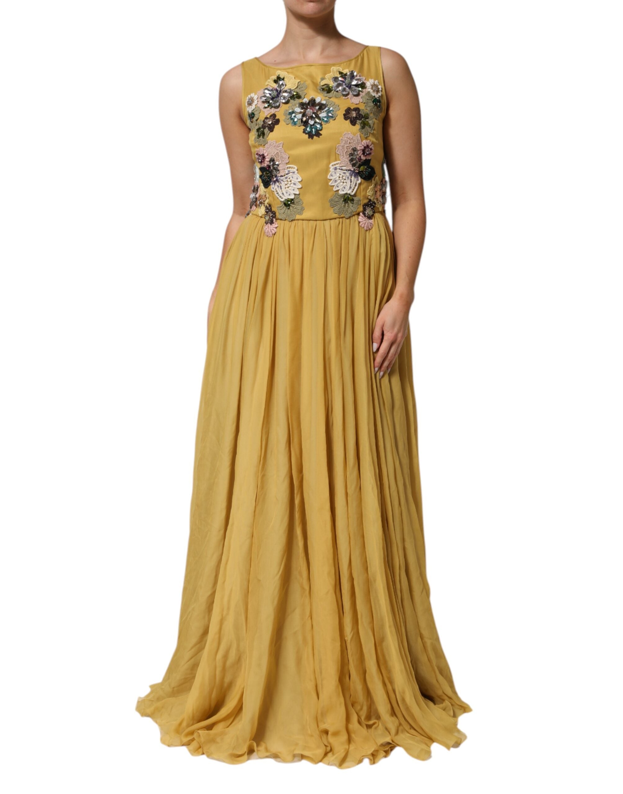 Floral-Embroidered Silk Chiffon Dress — Yellow