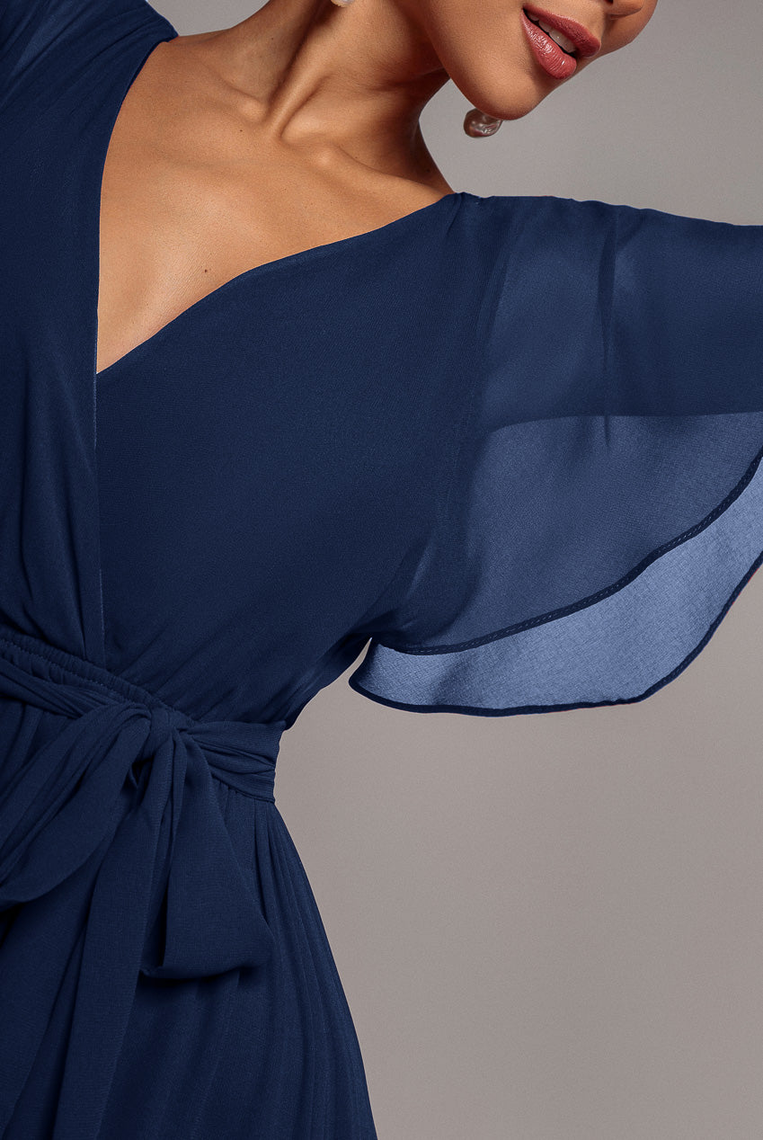 Goddiva Sustainable Chiffon Flutter Sleeve Wrap Maxi Dress - Navy