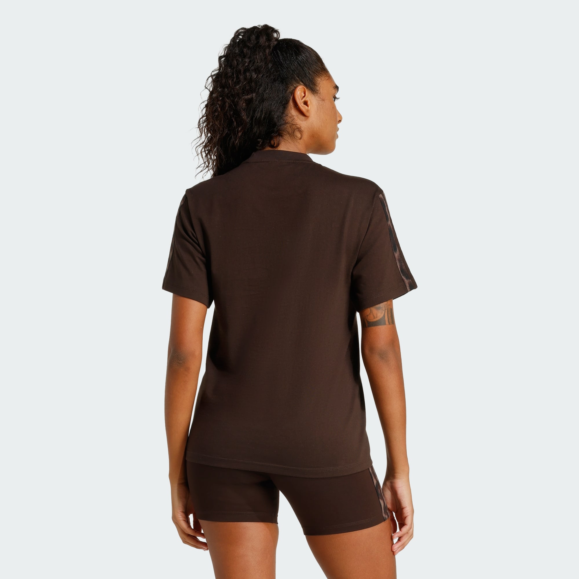 ADIDAS Sportswear Womens Seasonal Essentials Leopard Print T-Shirt with 3-Stripes - Brown - Mediu