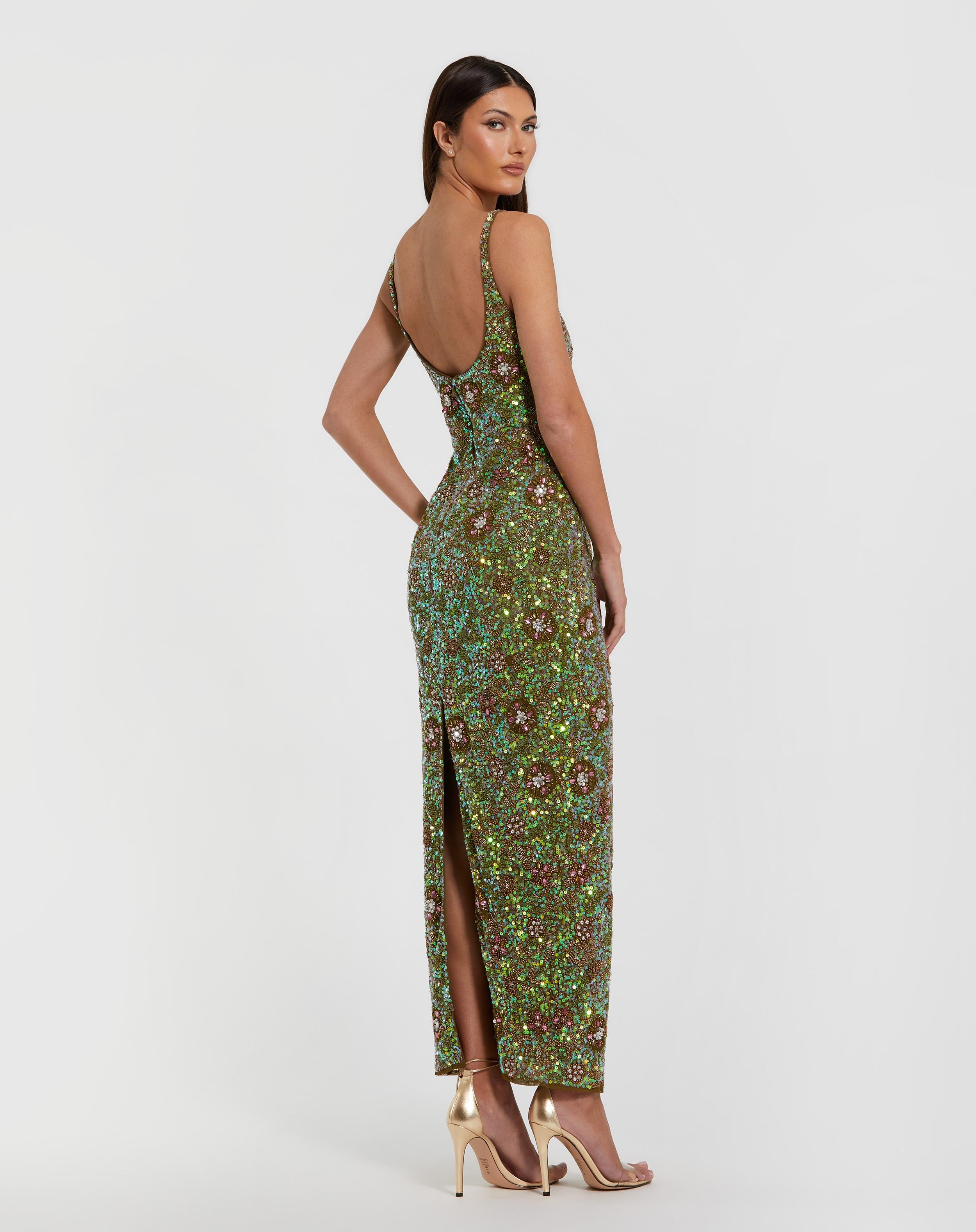 Green Sleeveless Hand Embellished Floral Maxi Wedding Guest Dress In Olive