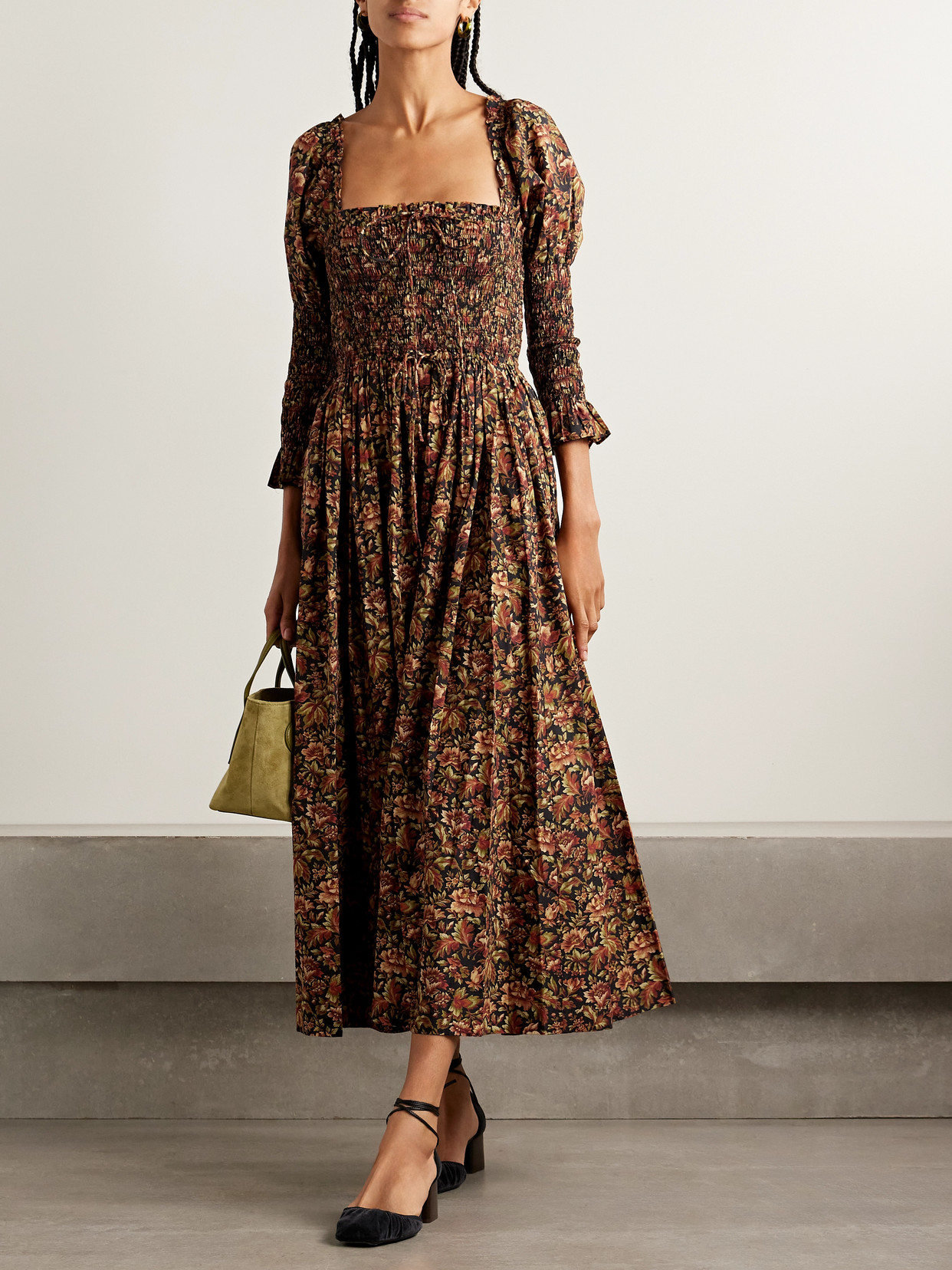 Bijou Shirred Floral-print Organic Cotton-voile Midi Dress - Black