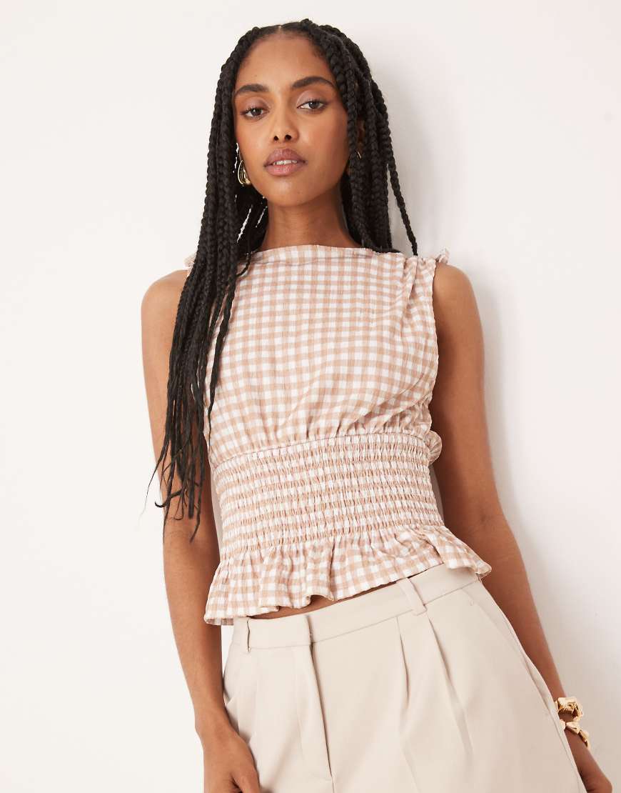 Tie shoulder top with shirred waist in brown and white gingham-Multi
